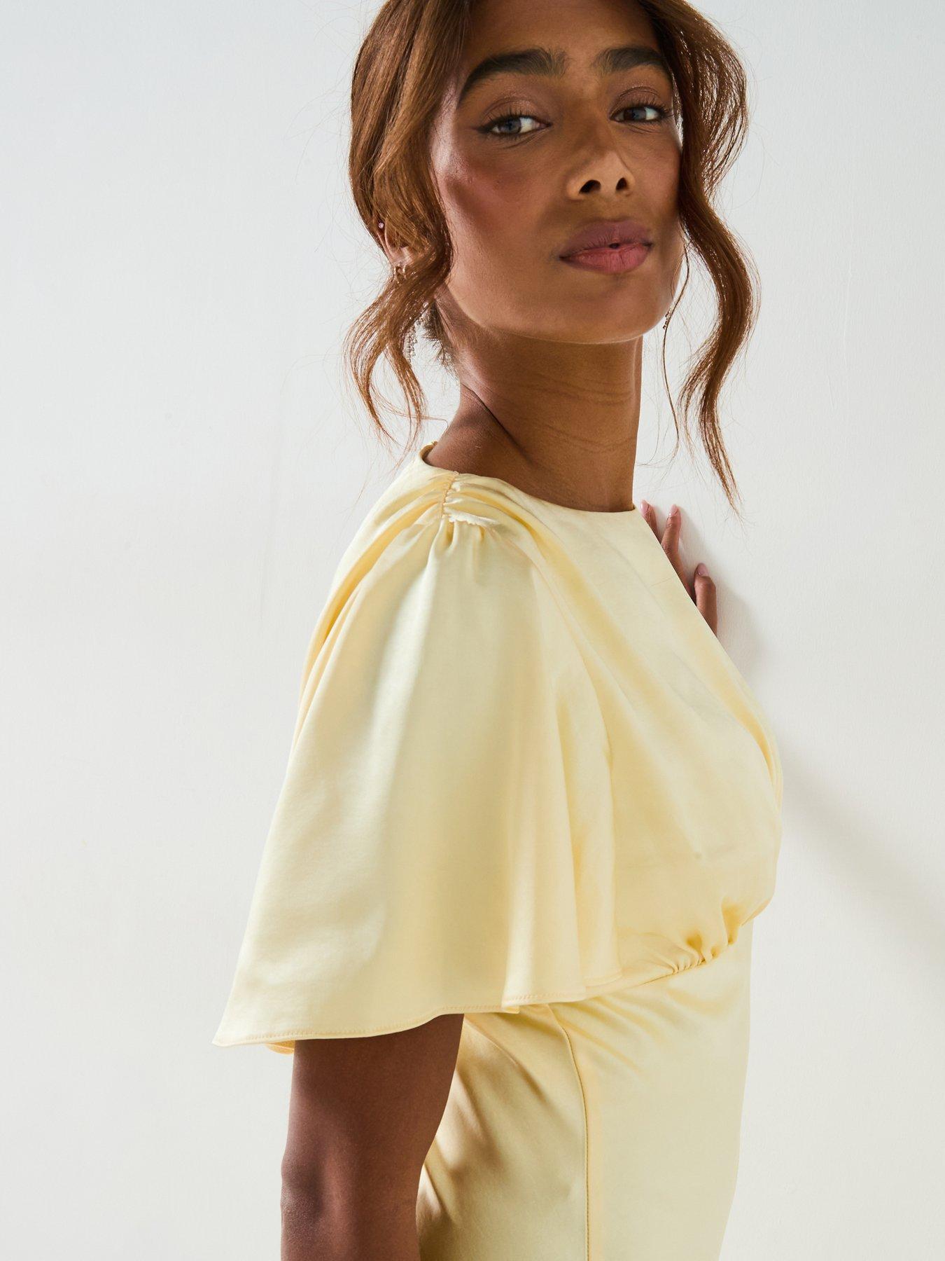 Image 6 of 6 of Six Stories Satin Flutter Sleeve Bias Cut Bridesmaid Dress - Lemon