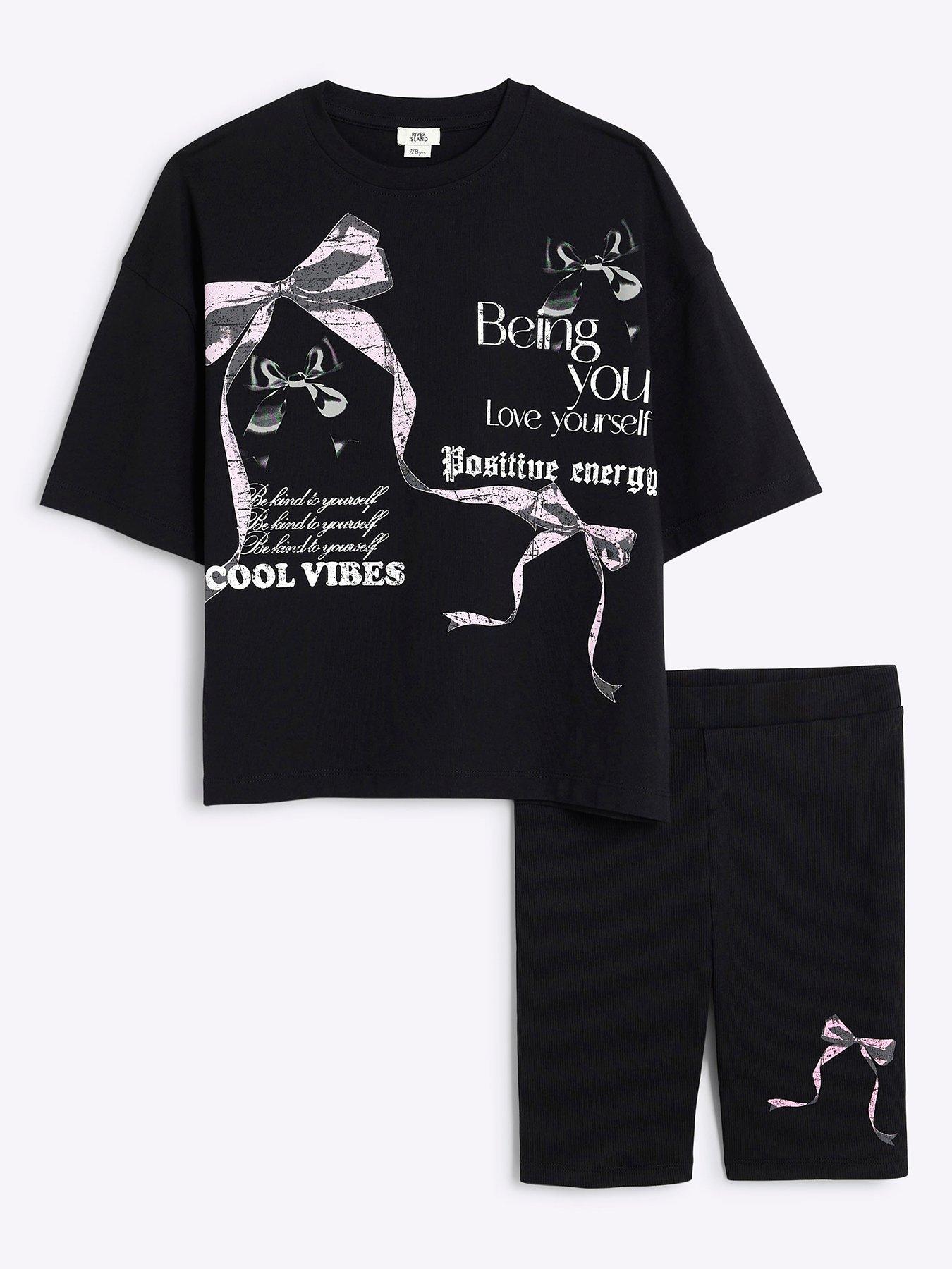 Image 1 of 5 of River Island Older Girls Bow T-shirt And Shorts Set - Black