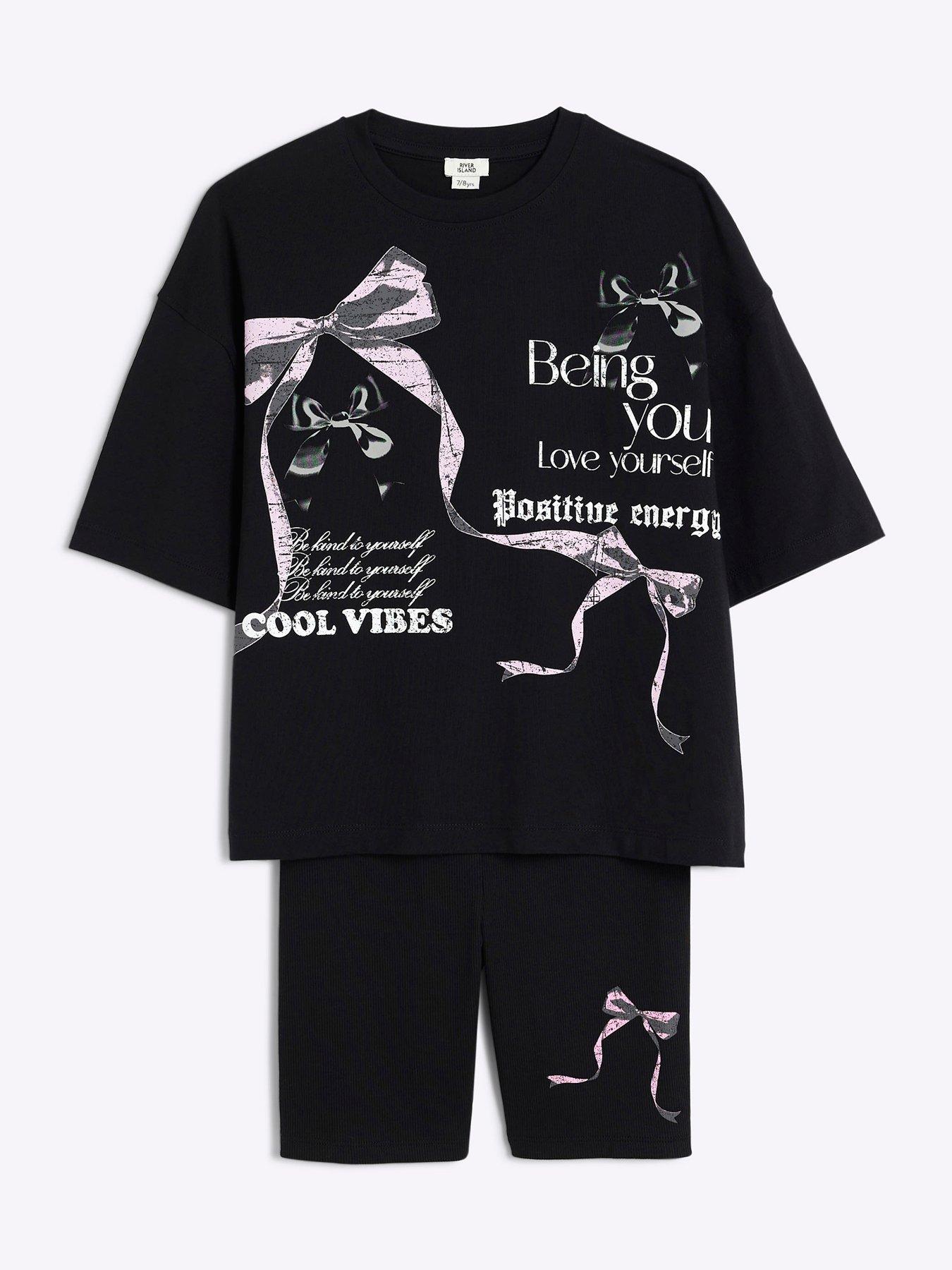 Image 2 of 5 of River Island Older Girls Bow T-shirt And Shorts Set - Black