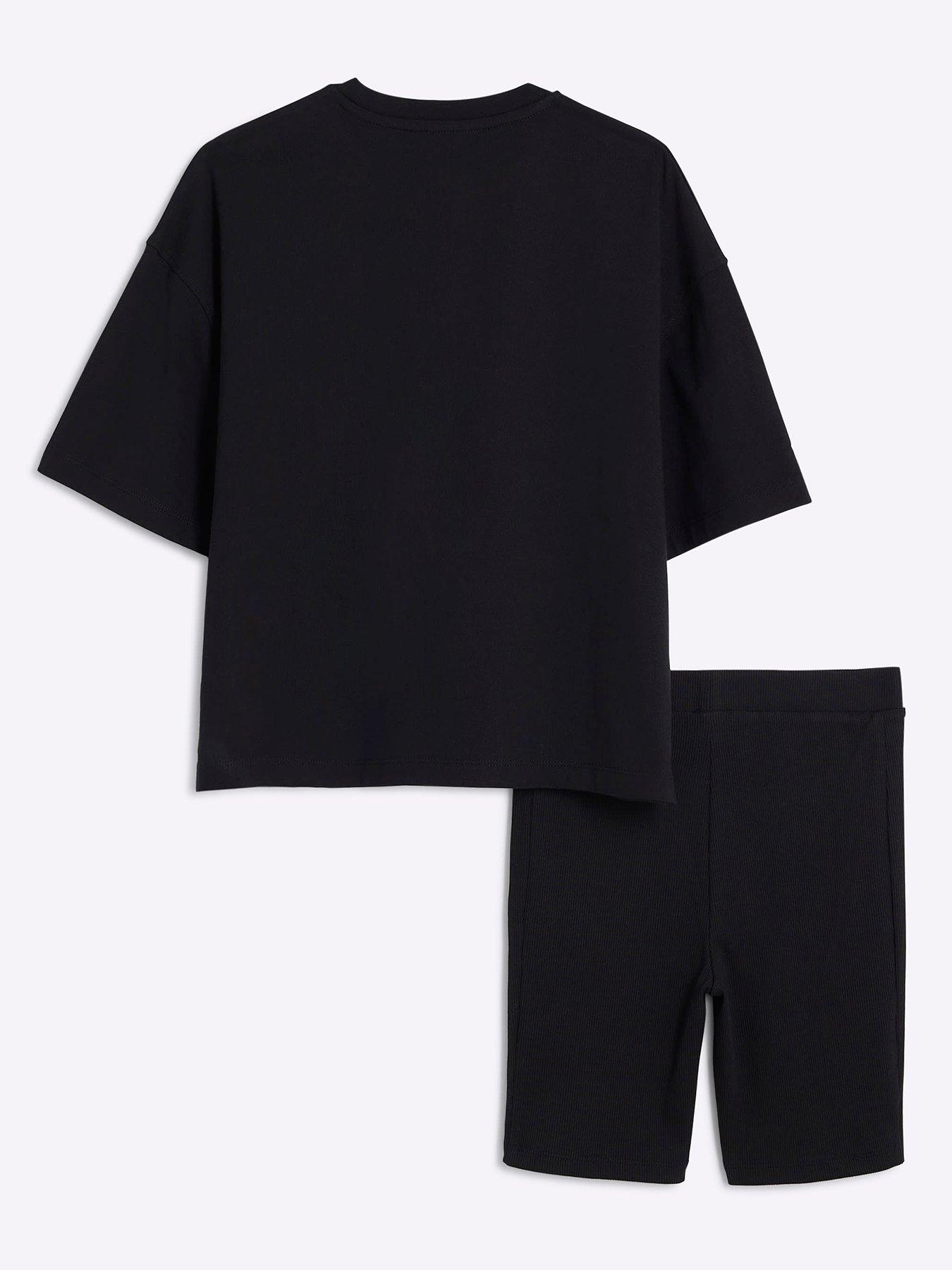 Image 3 of 5 of River Island Older Girls Bow T-shirt And Shorts Set - Black