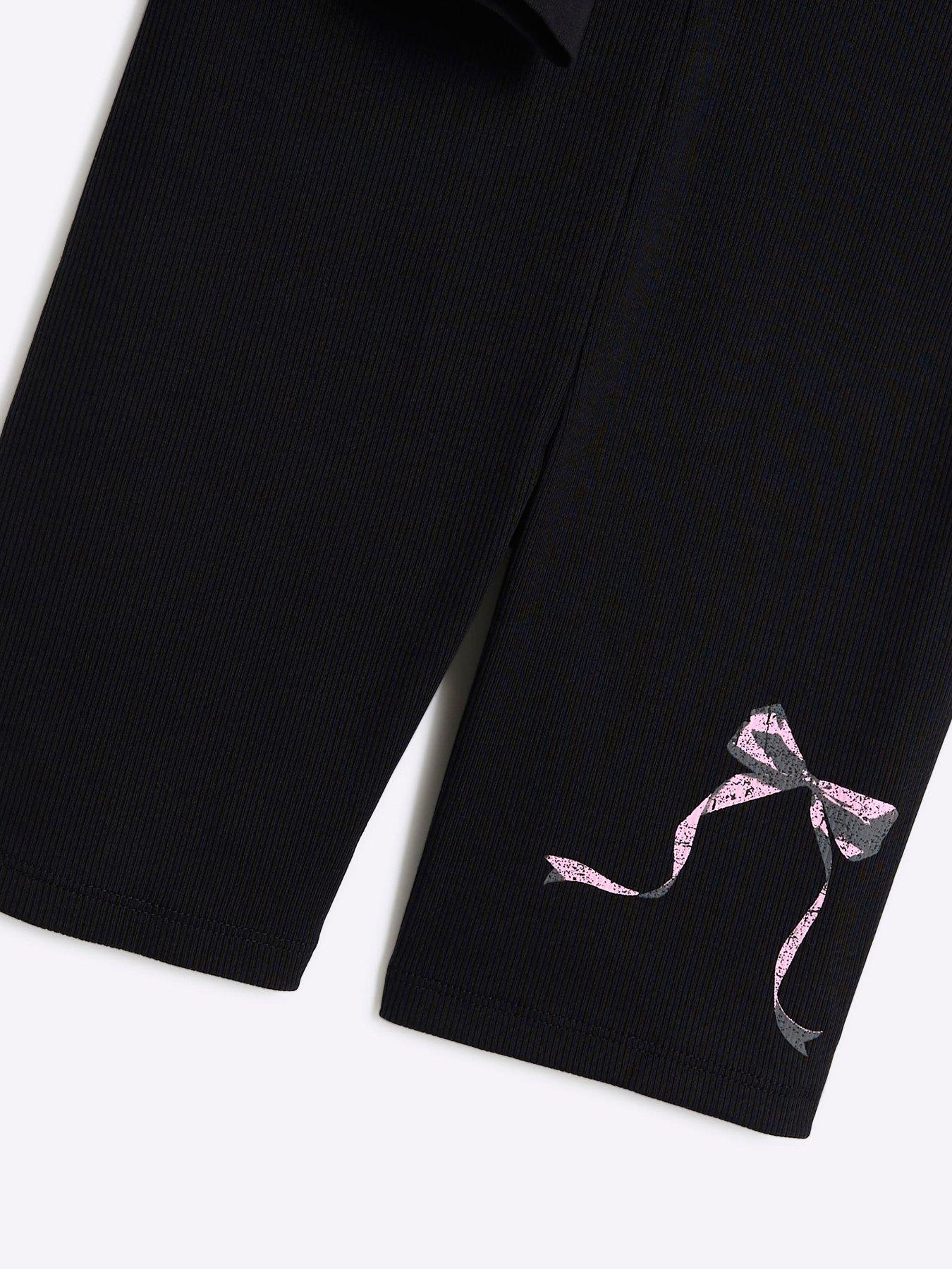 Image 4 of 5 of River Island Older Girls Bow T-shirt And Shorts Set - Black