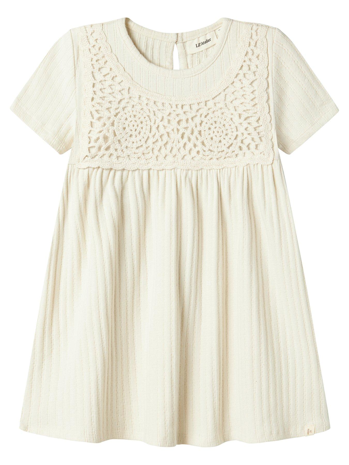 undefined Mini Girls Crochet Short Sleeve Dress - Turtledove