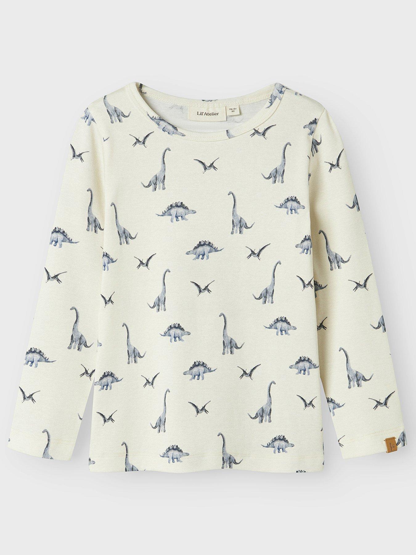 undefined Mini Boys Dino Printed Long Sleeved T-shirt - Turtledove Dino - Cream