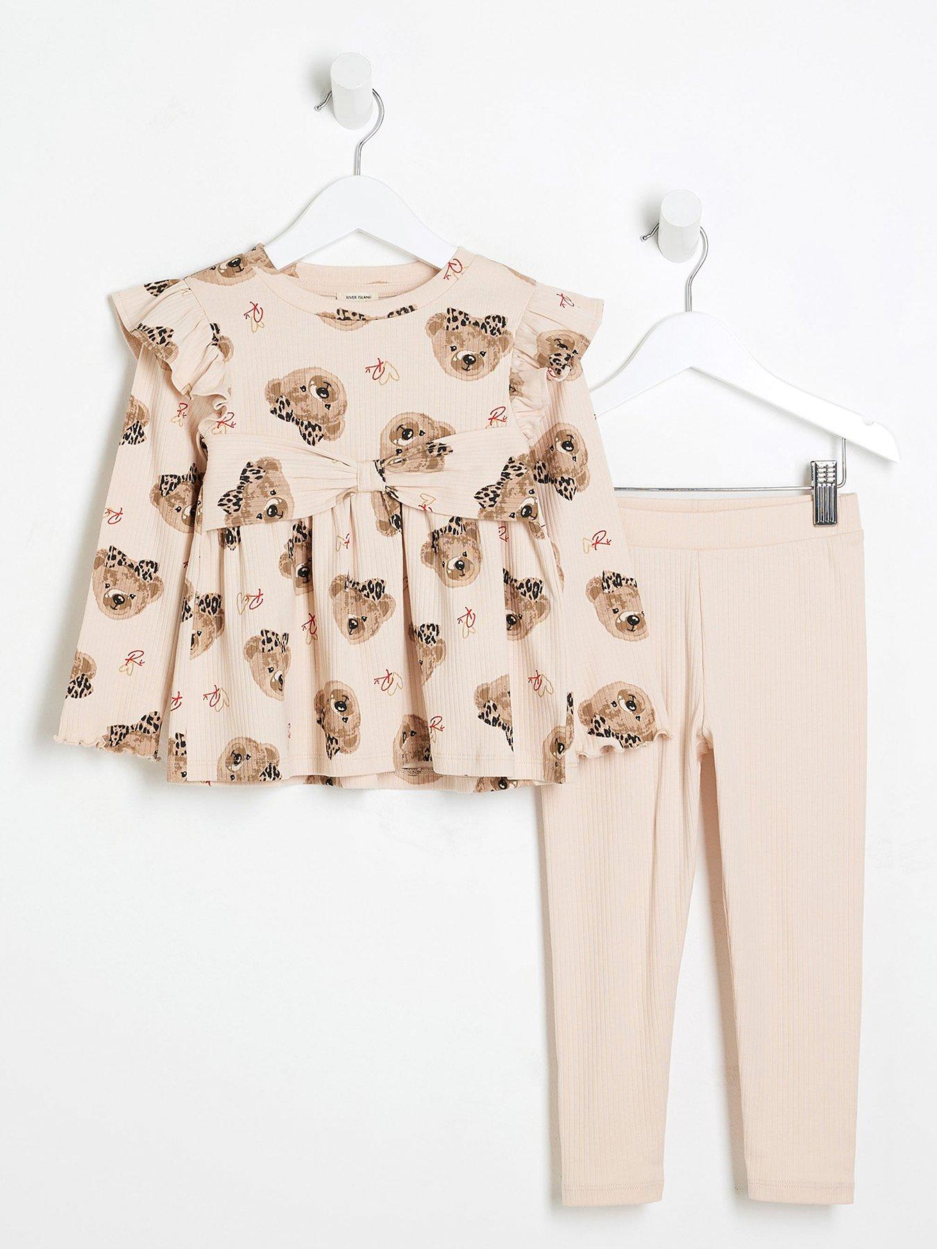 undefined Mini Girls Bear Peplum Top Set - Beige