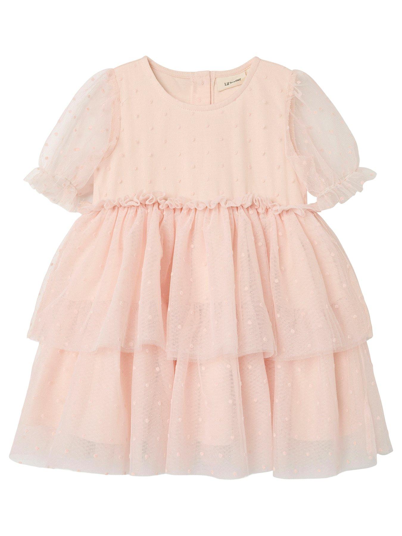 undefined Mini Girls Tulle Layered Short Sleeve Dress - Peach Blush