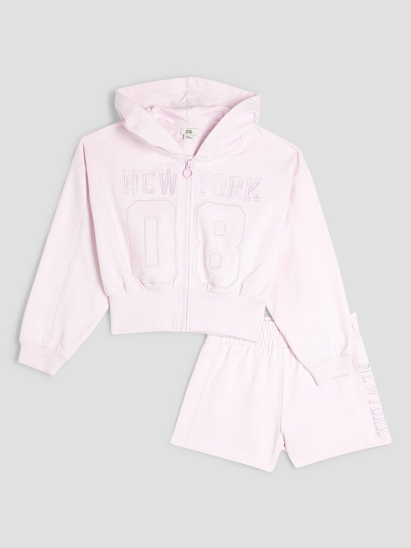 undefined Girls Zipped Hoodie And Shorts Set - Light Pink