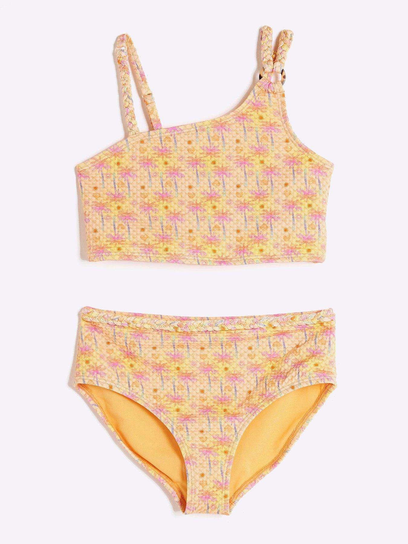 undefined Girls Glitter Palm Print Bikini Set - Orange