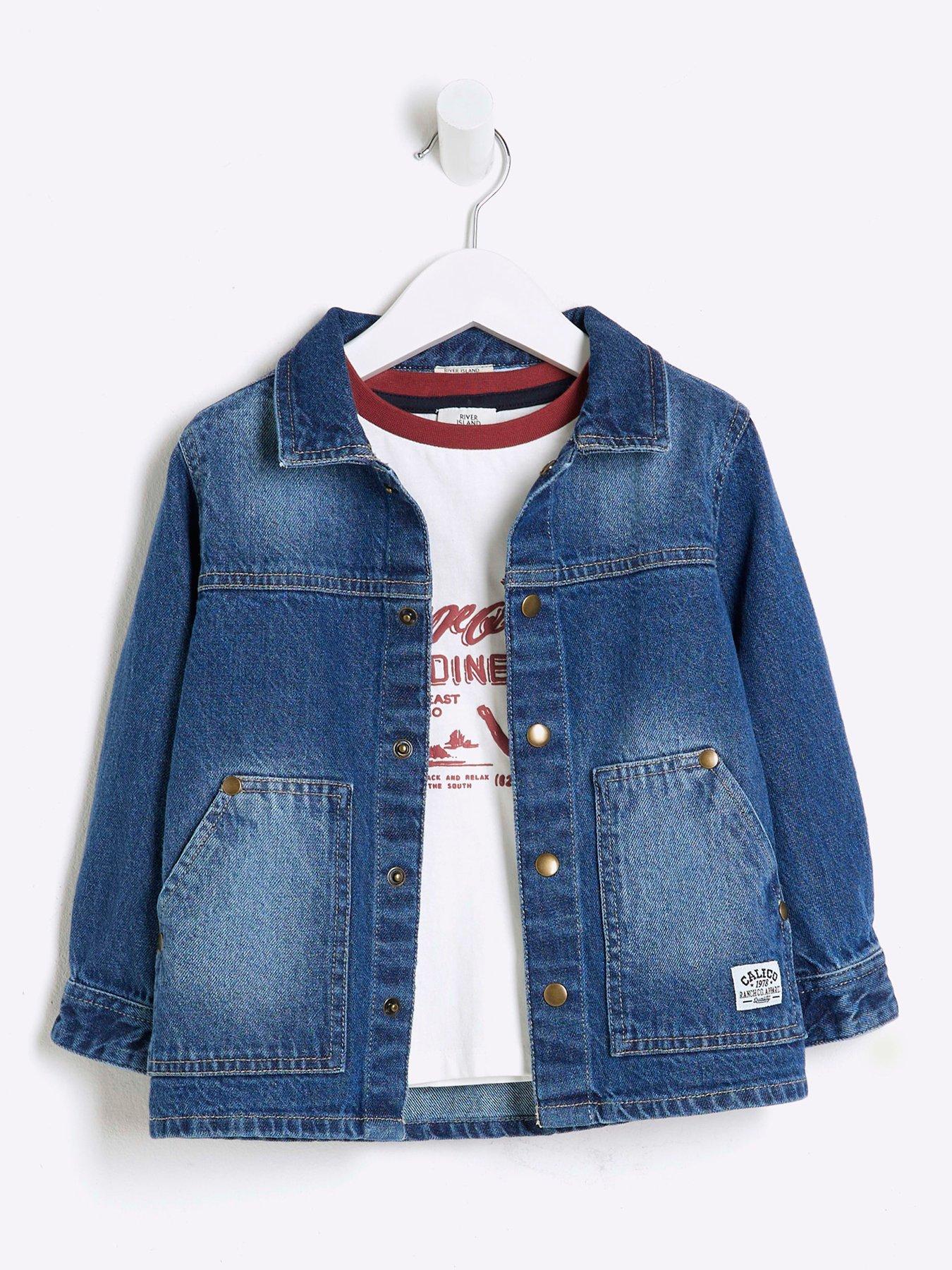 Image 2 of 5 of River Island Mini Mini Boys Denim Shacket T-shirt Set - Mid Blue