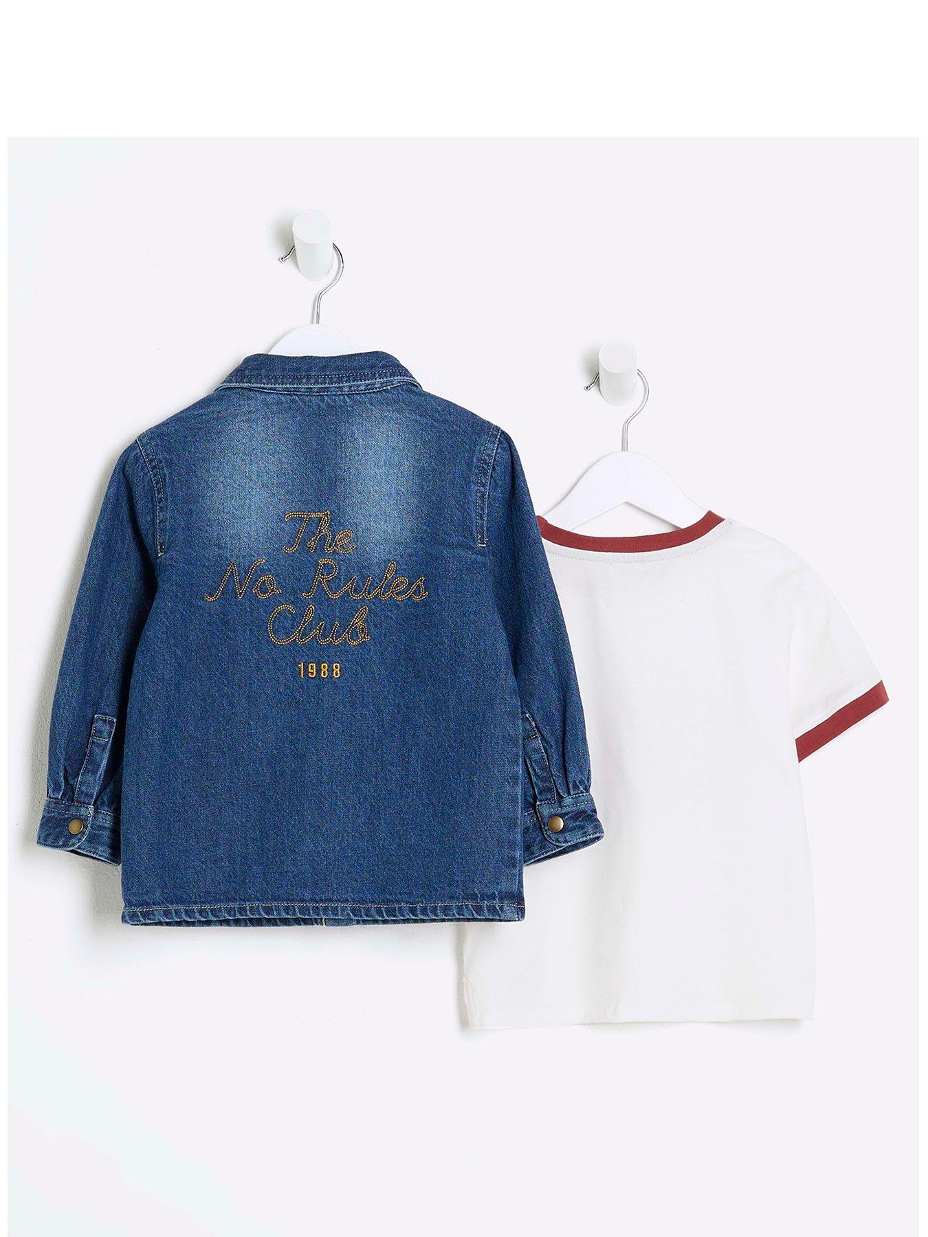 Image 3 of 5 of River Island Mini Mini Boys Denim Shacket T-shirt Set - Mid Blue