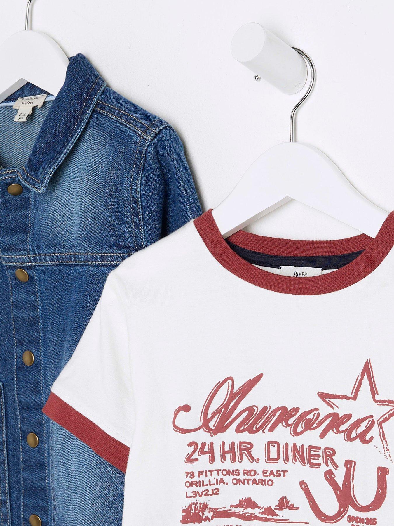 Image 4 of 5 of River Island Mini Mini Boys Denim Shacket T-shirt Set - Mid Blue