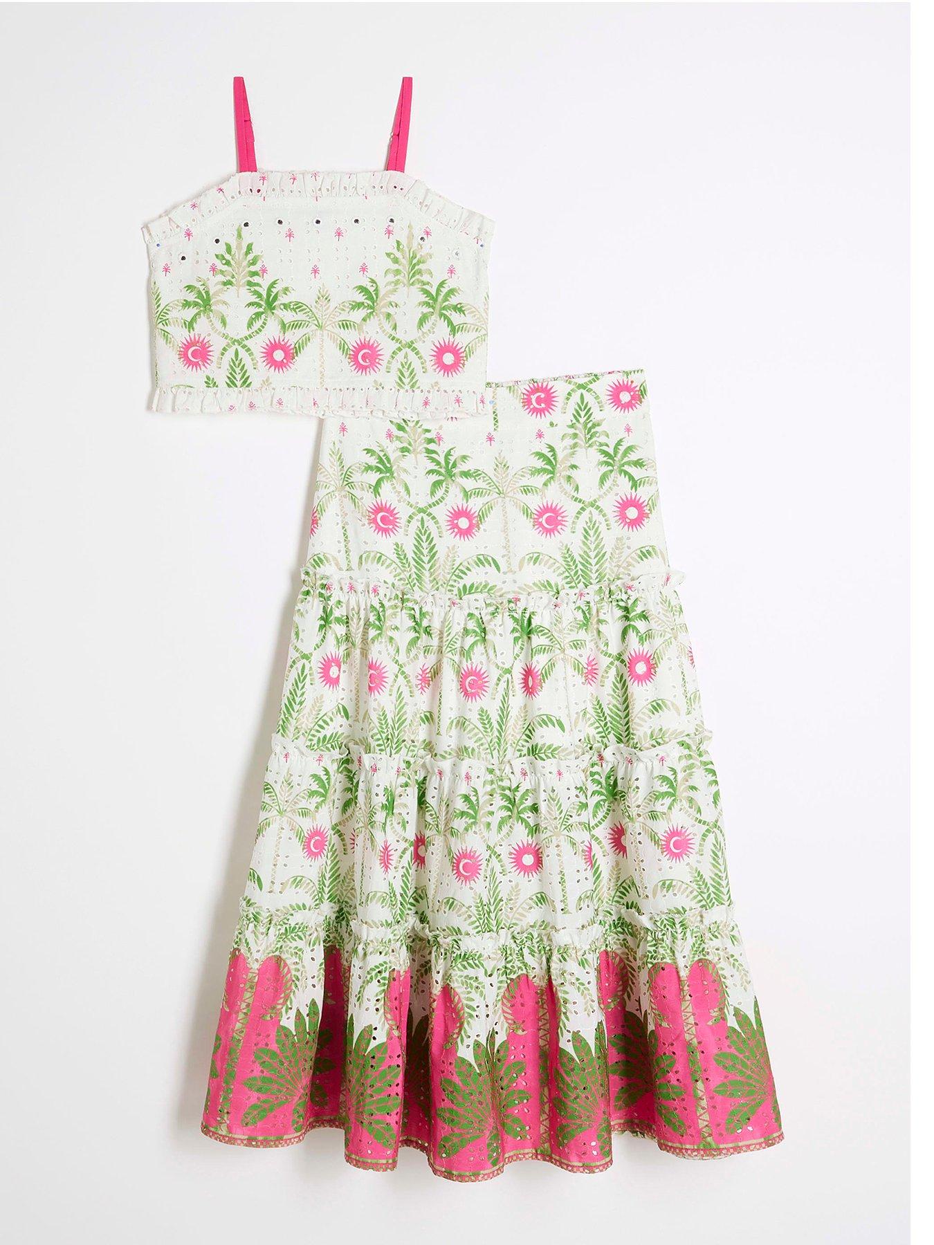undefined Girls Tropical Palm Maxi Skirt Set - Cream