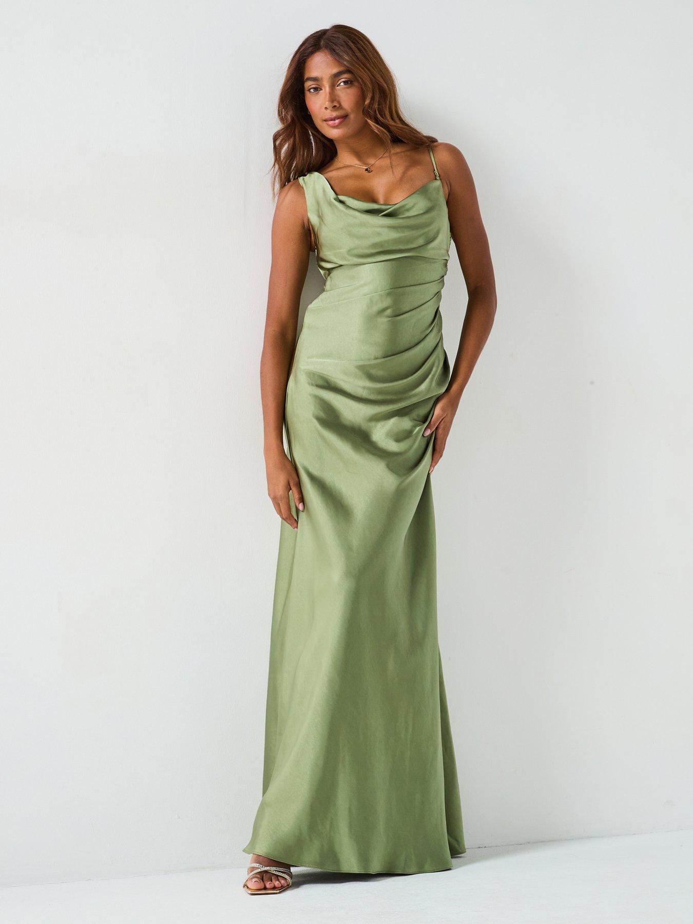 Six Stories Cowl Front Asymmetrical Satin Bridesmaid Dress  - Moss