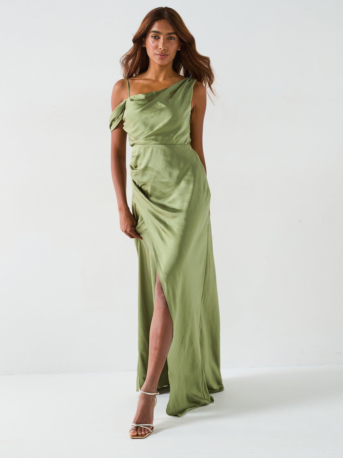 Image of Six Stories Asymmetrical Bardot Strap Satin Bridesmaid Dress - Moss