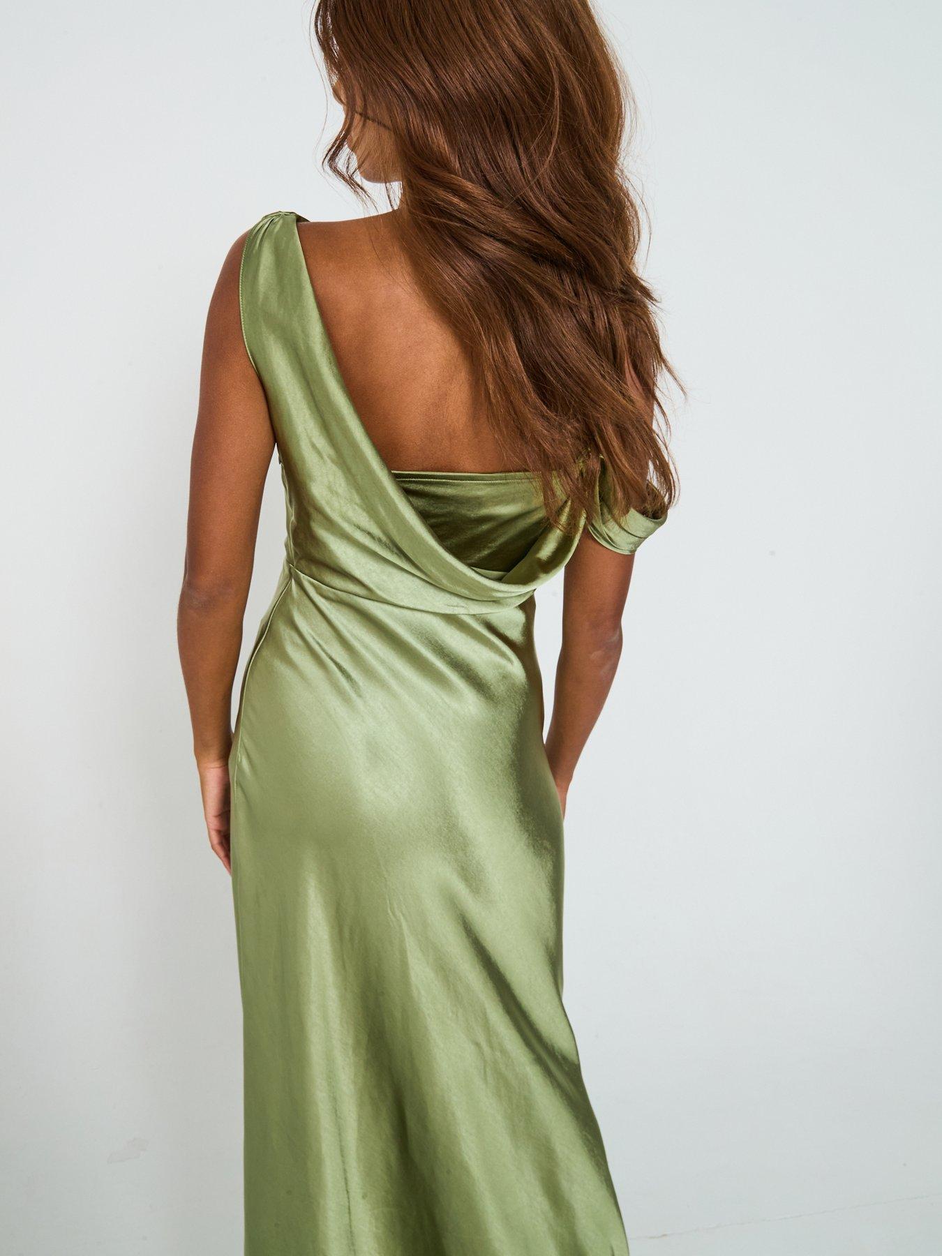very bridesmaid dresses Six Stories Asymmetrical Bardot Strap Satin Dress - Moss pcat-422 Rosie's Rustics | Sold Color:ELECTRIC FUCHSIA lace appliques Color