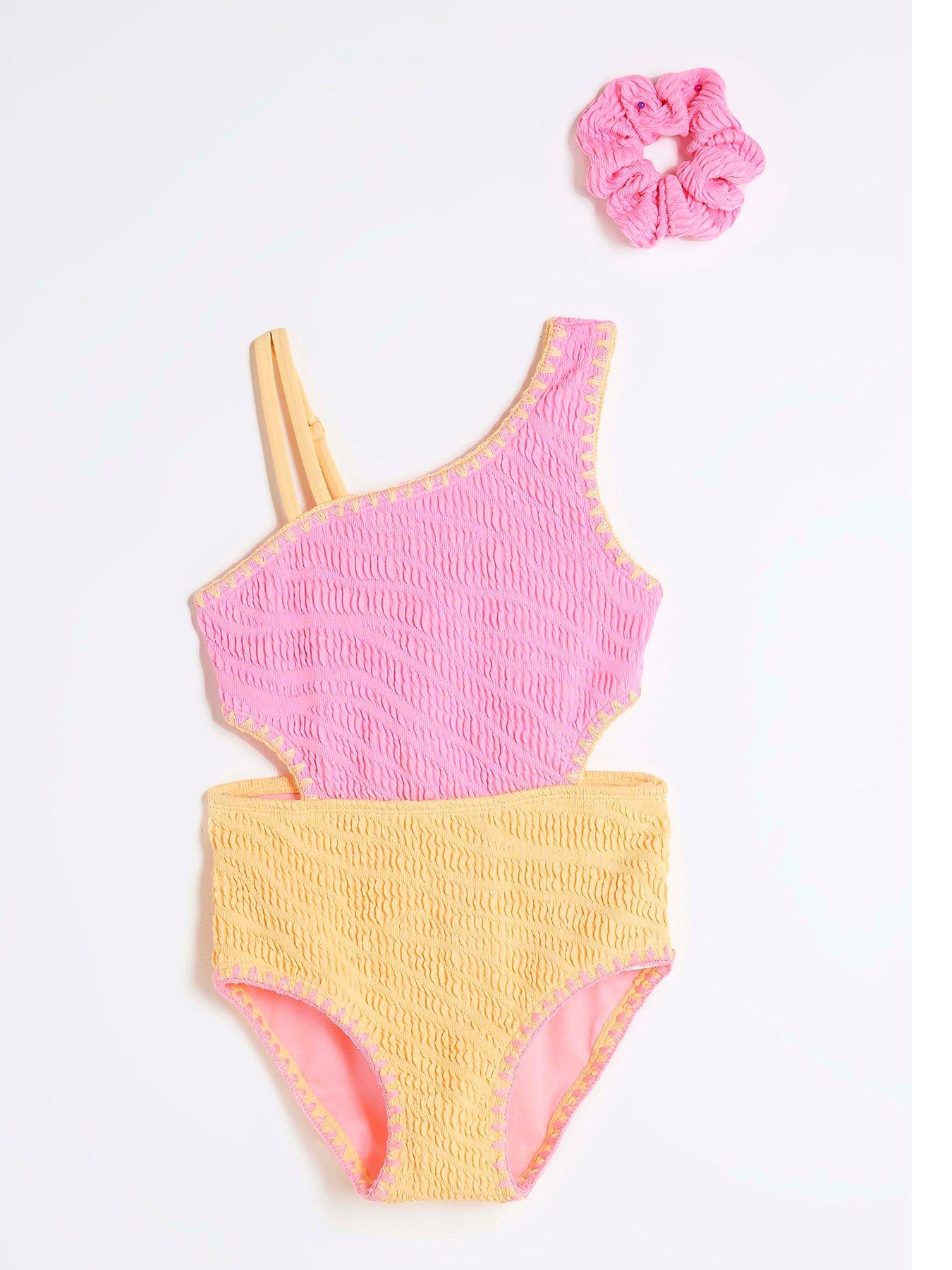 undefined Girls Zebra Textured Swimsuit Set - Orange  &  Pink