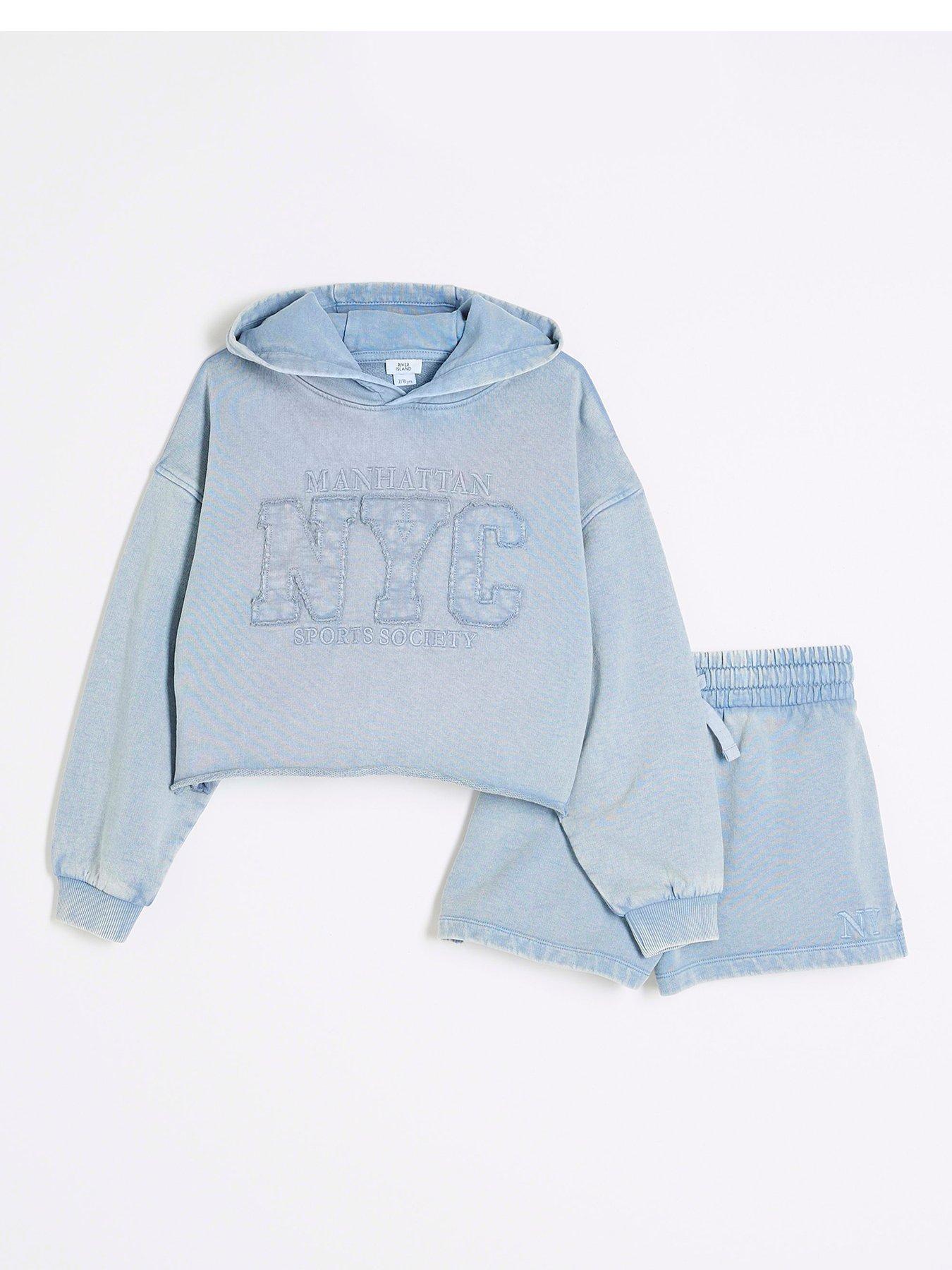 undefined Girls Washed NYC Shorts And Hoodie Set - Blue