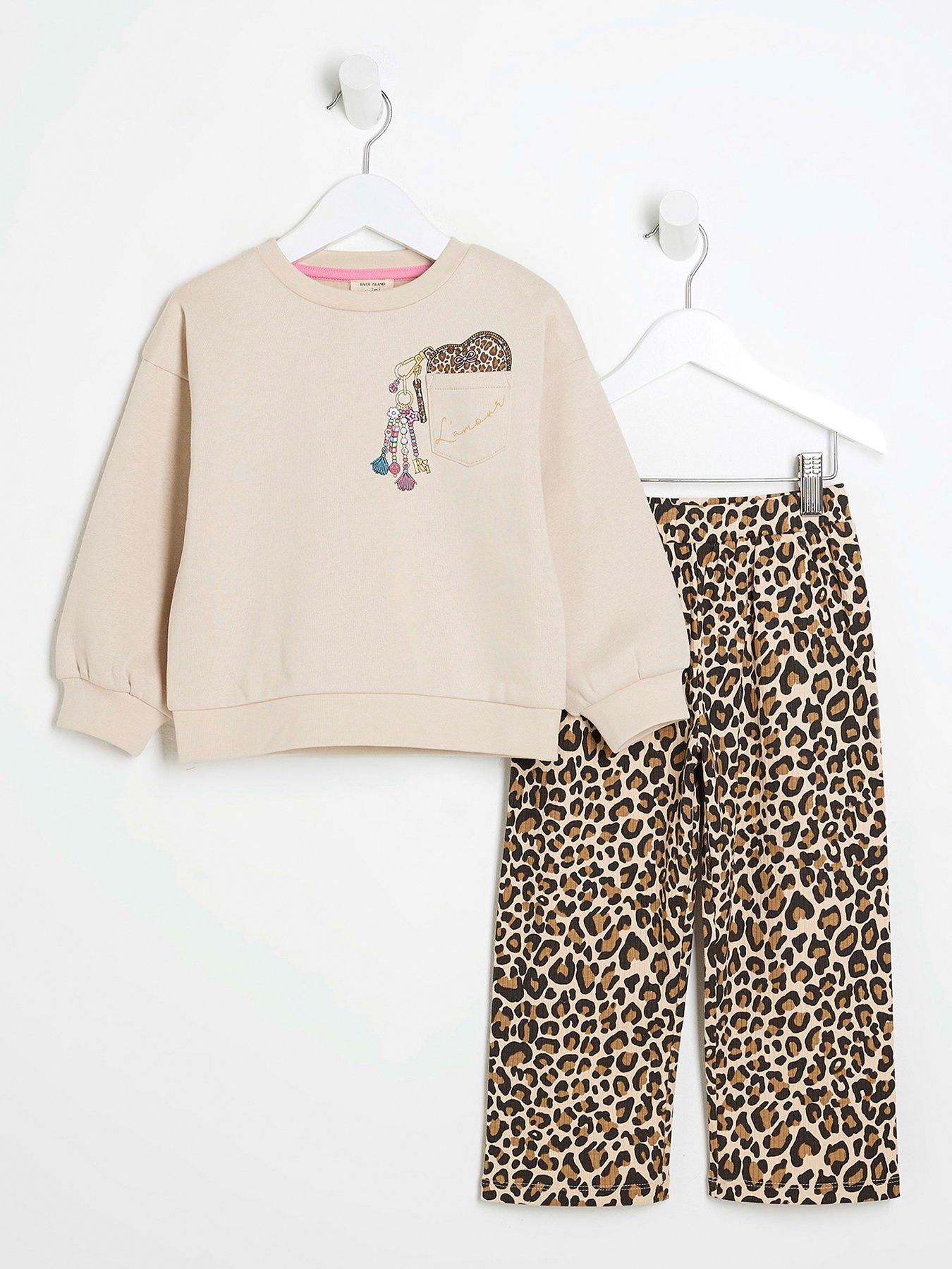 undefined Mini Girls Pocket Leopard Sweat Set - Beige