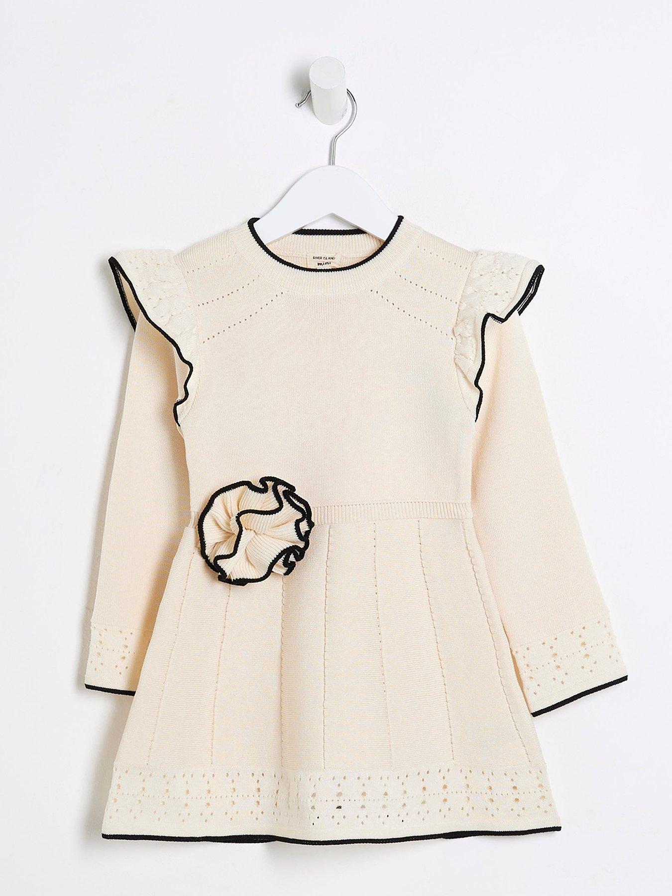 undefined Mini Girls Flower Corsage Knit Dress - Cream