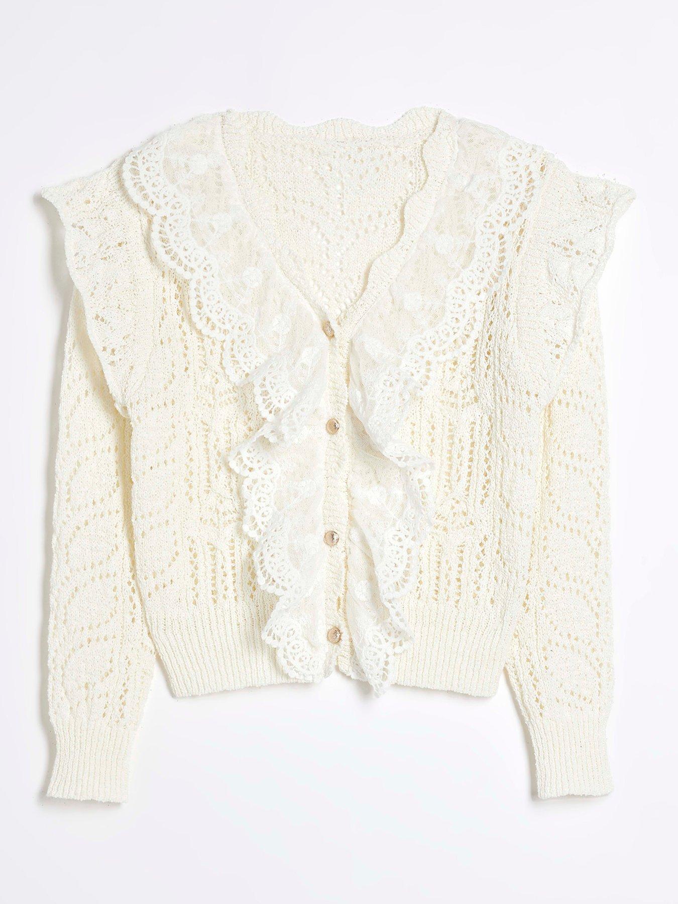 undefined Girls Lace Frill Cardigan - Cream