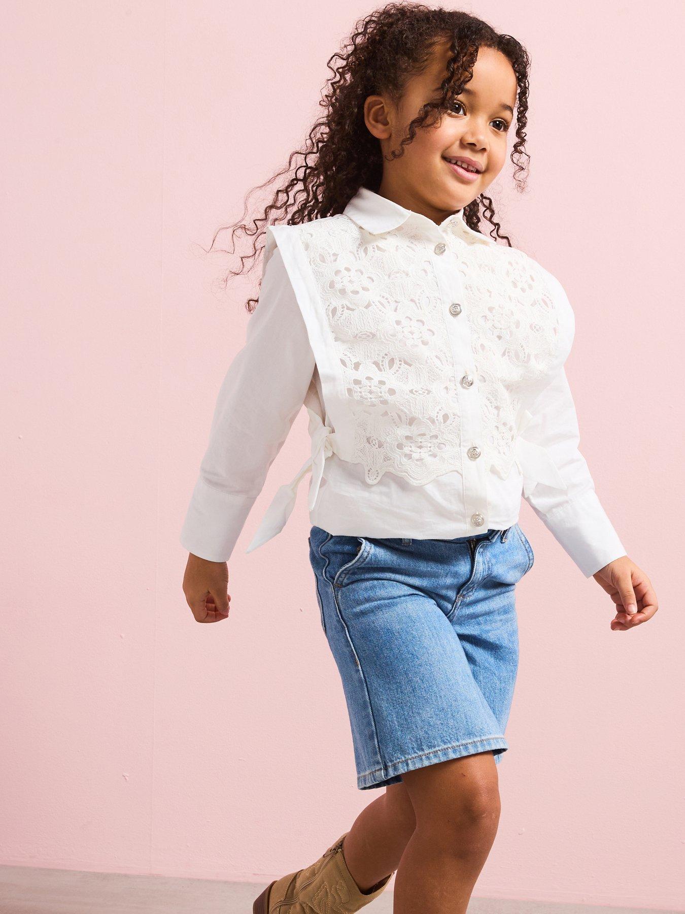 undefined Girls Lace Bow Button Down Shirt - White