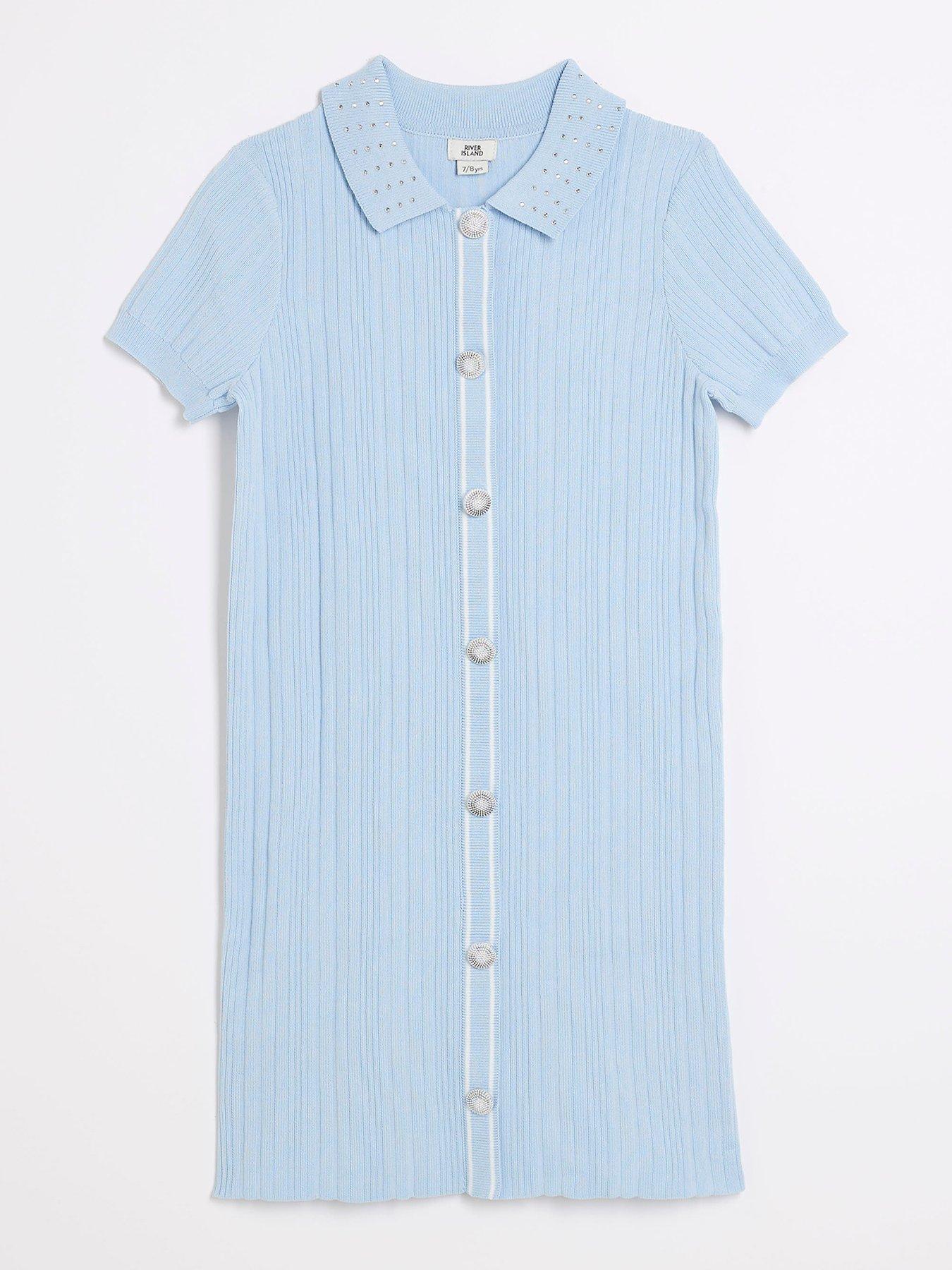 undefined Girls Diamante Collar Polo Dress - Powder Blue