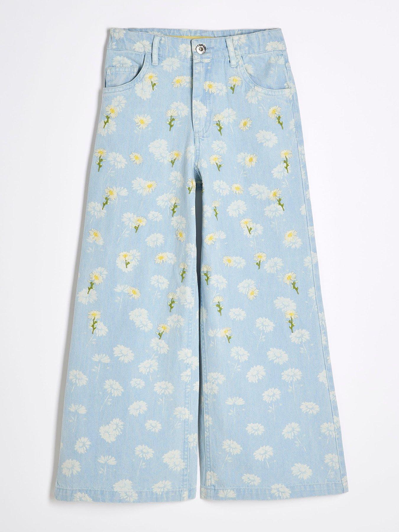 undefined Older Girls Denim Daisy Floral Wide Leg Jeans  - Blue