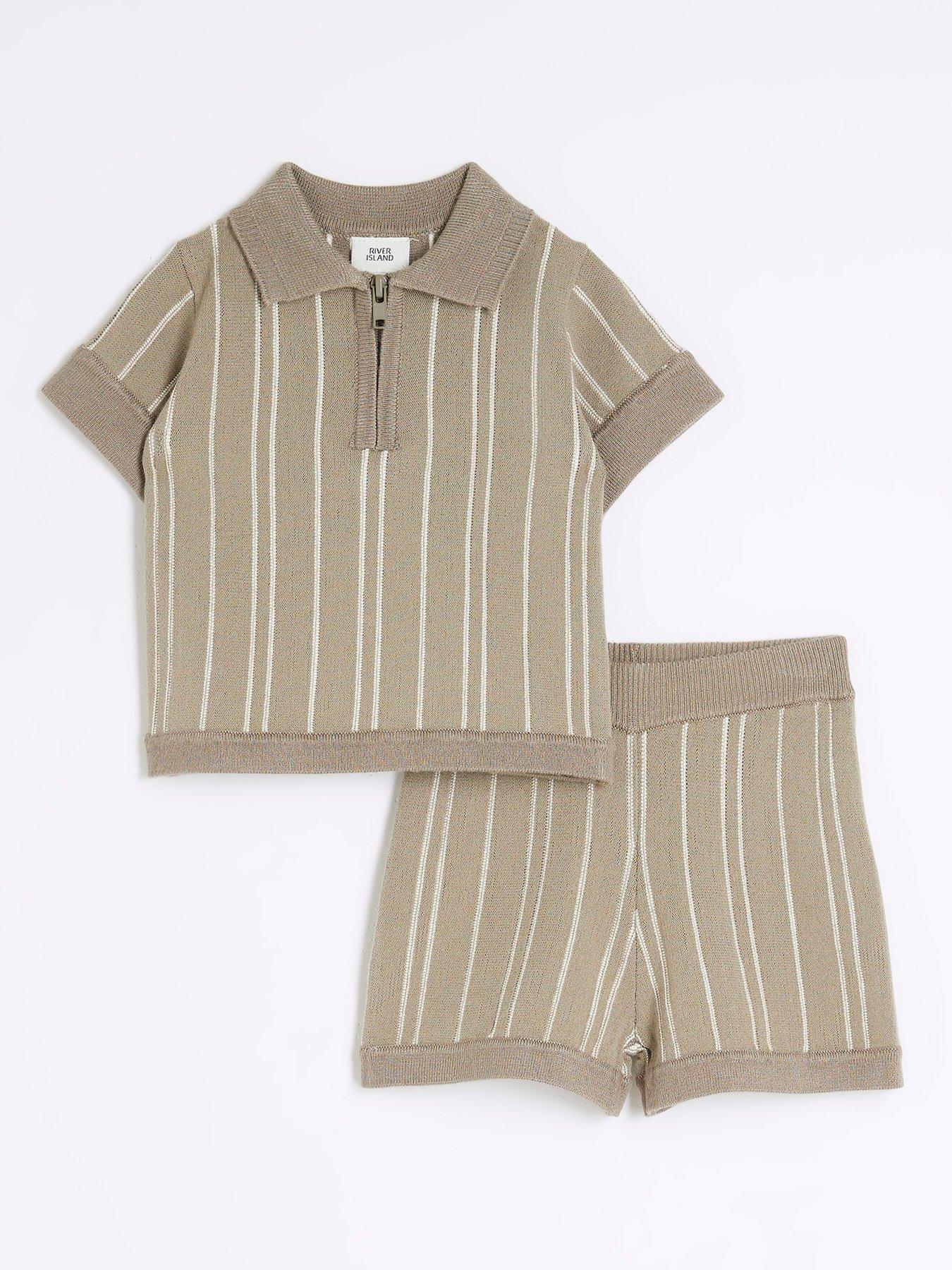undefined Baby Boys Knitted Stripe Polo Shirt Set - Stone