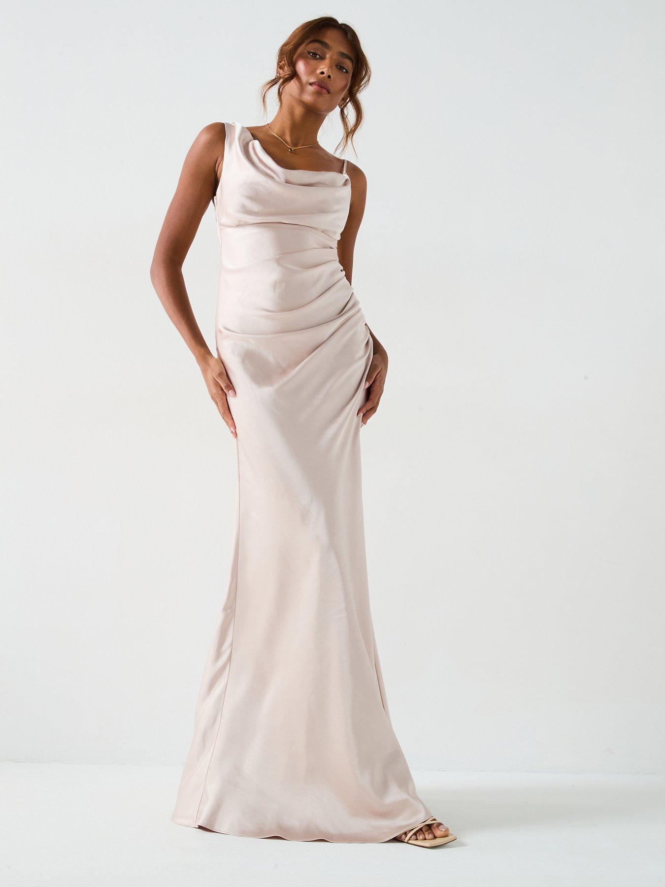 Six Stories Cowl Front Asymmetrical Satin Bridesmaid Dress  - Oyster