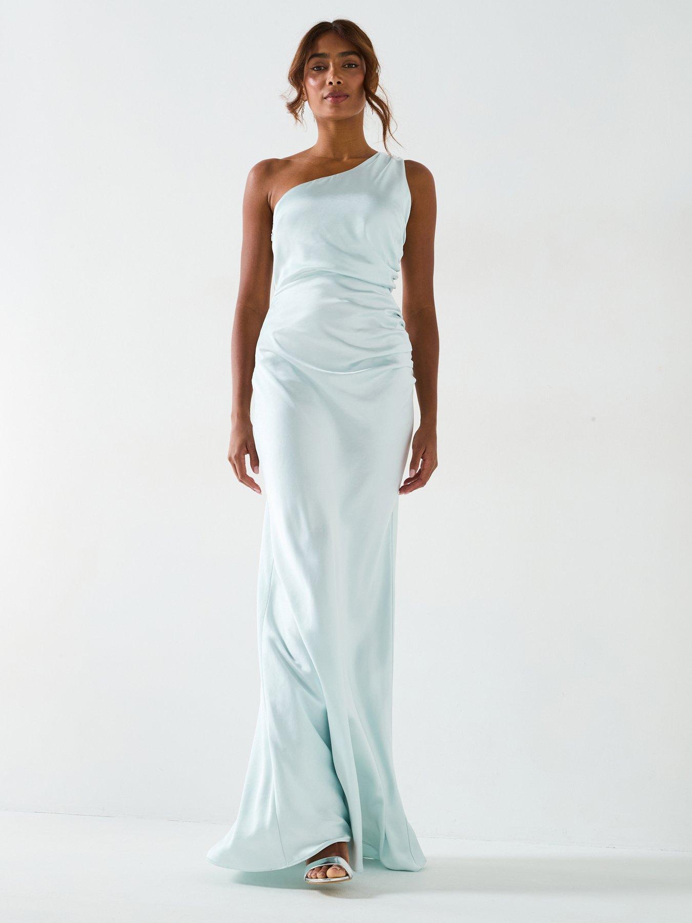 Six Stories Satin One Shoulder Gathered Bridesmaid Dress - Ice Blue
