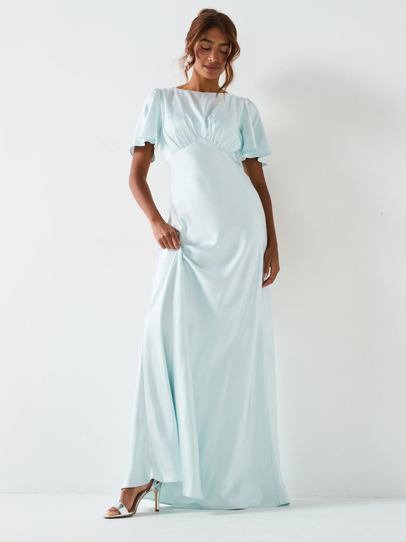 Six Stories Satin Floaty Sleeve Detail Bridesmaid Dress - Ice Blue | Very