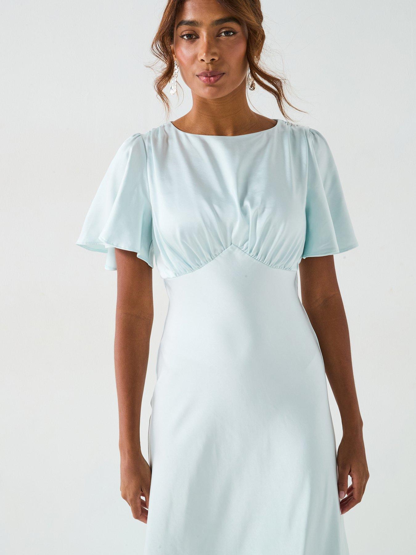 Image 3 of 6 of Six Stories Satin Floaty Sleeve Detail Bridesmaid Dress - Ice Blue