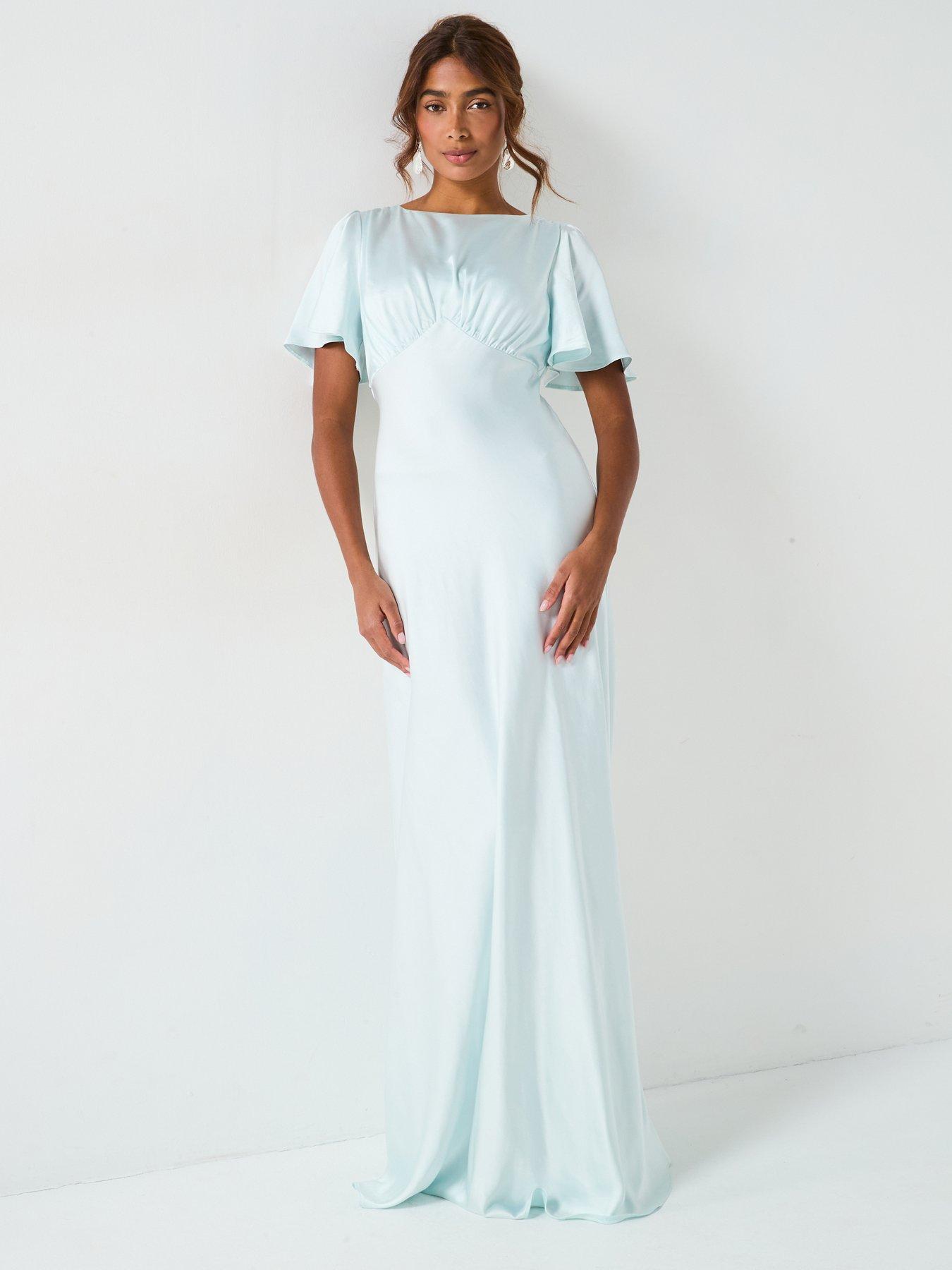 Image 4 of 6 of Six Stories Satin Floaty Sleeve Detail Bridesmaid Dress - Ice Blue