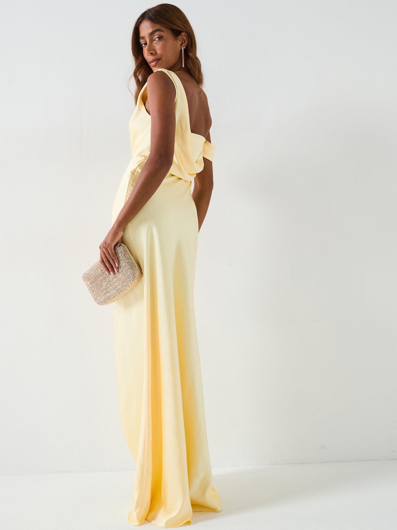 undefined Asymmetrical Bardot Strap Satin Bridesmaid Dress - Lemon