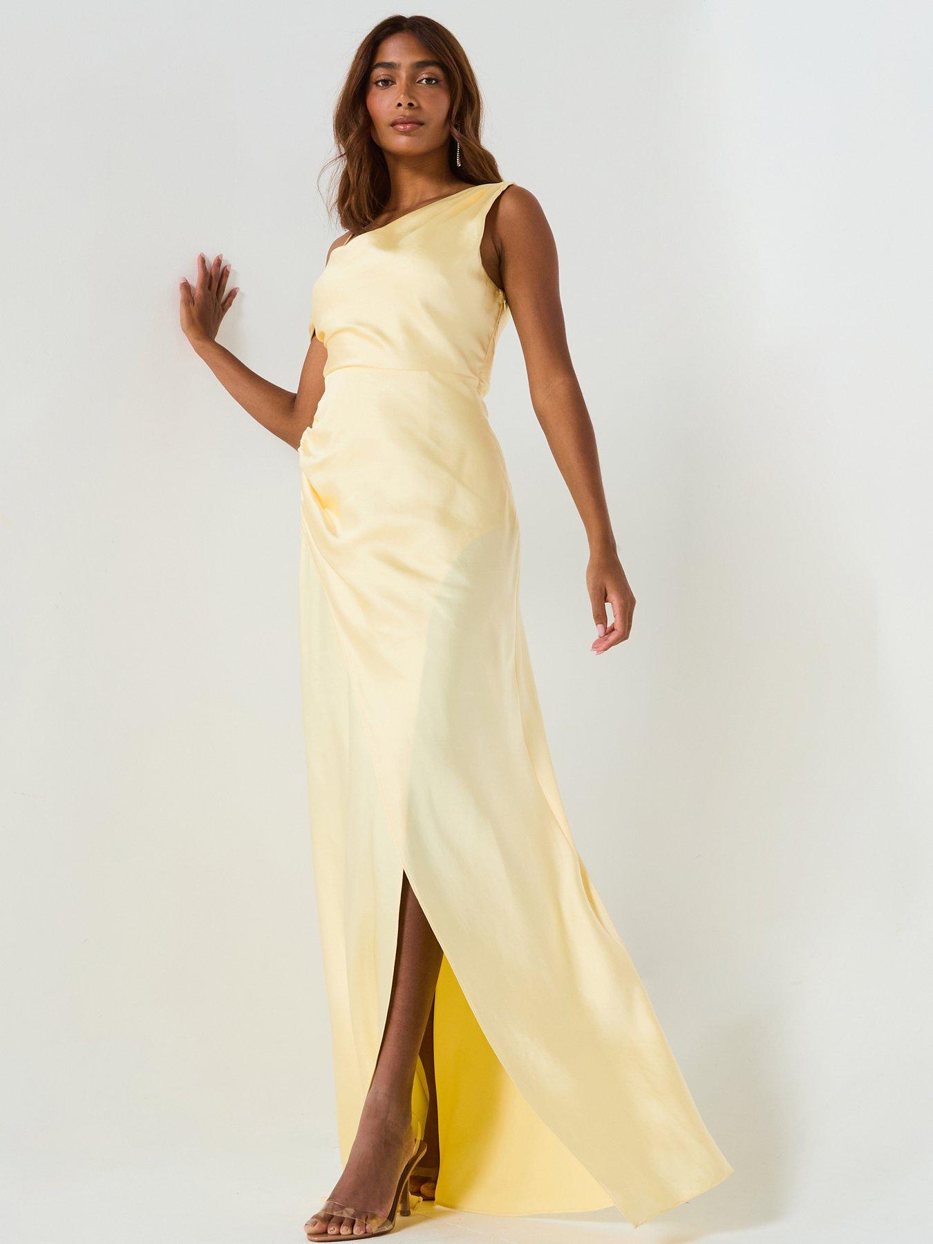 Image 2 of 6 of Six Stories Asymmetrical Bardot Strap Satin Bridesmaid Dress - Lemon