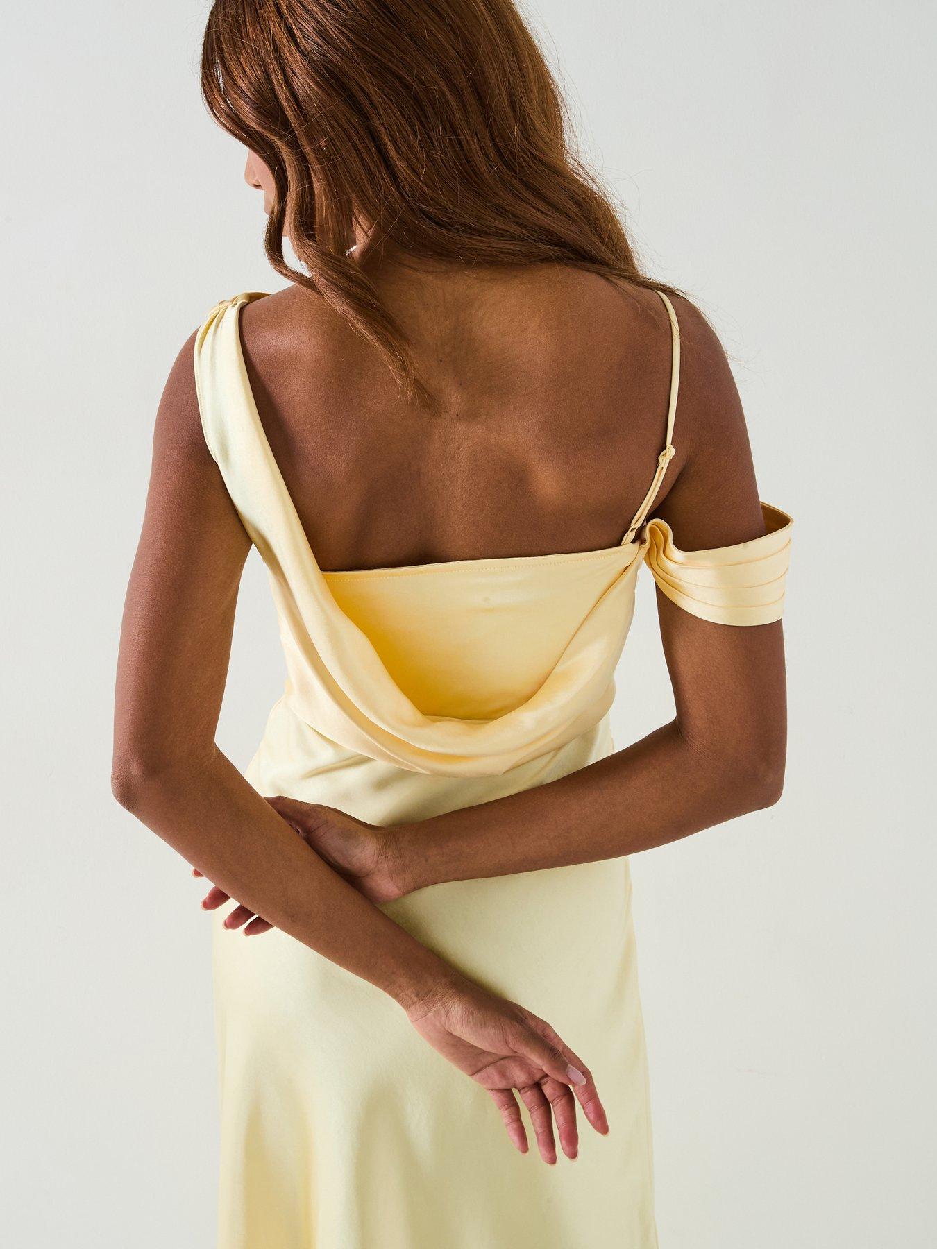 Image 5 of 6 of Six Stories Asymmetrical Bardot Strap Satin Bridesmaid Dress - Lemon