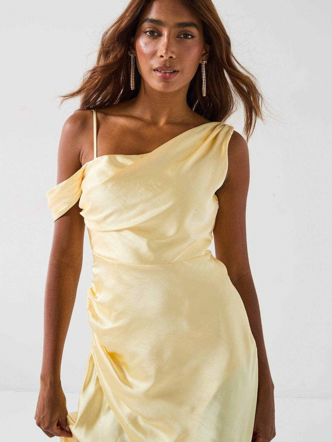 Image 6 of 6 of Six Stories Asymmetrical Bardot Strap Satin Bridesmaid Dress - Lemon