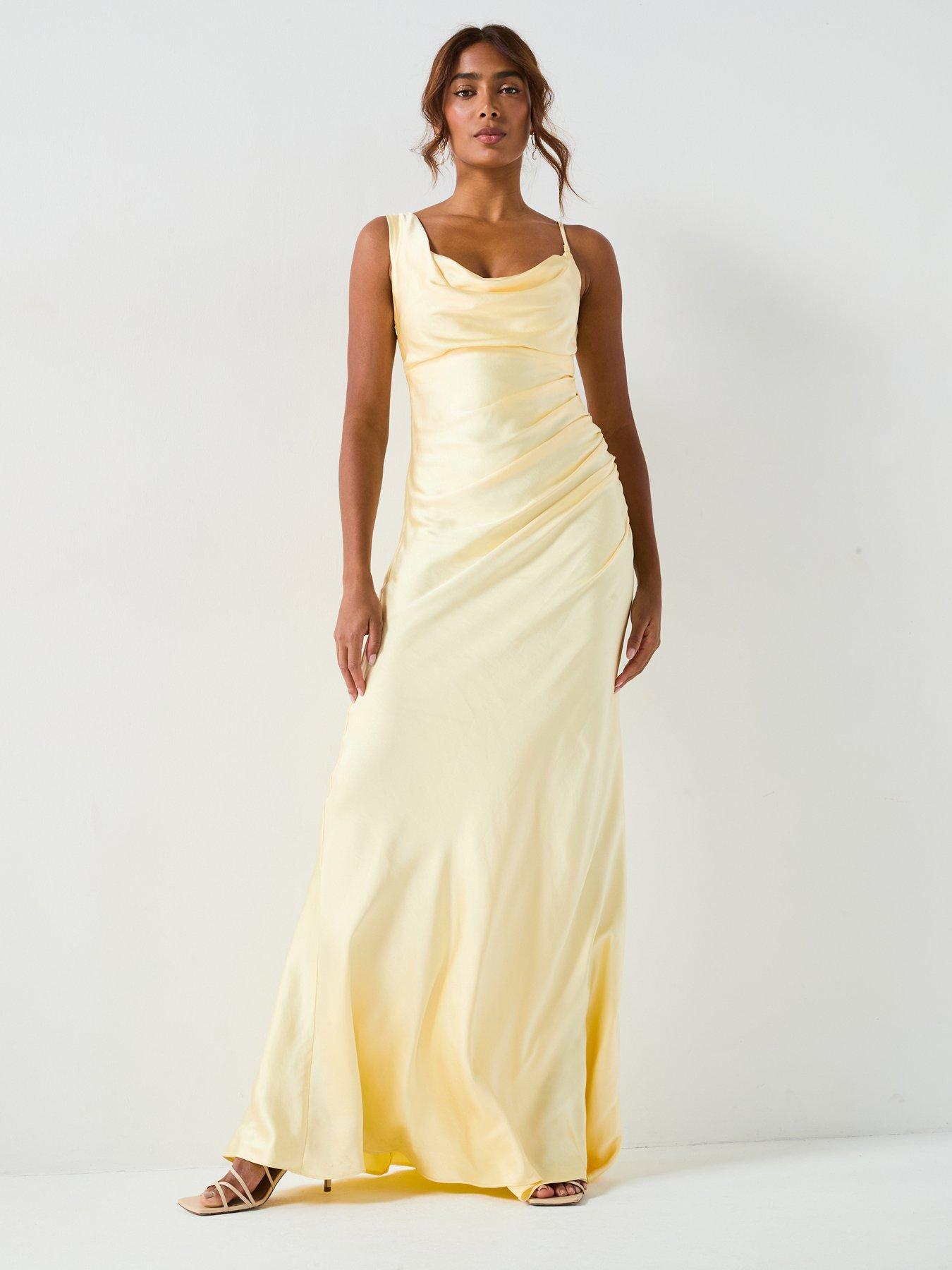 lemon yellow bridesmaid dresses uk Zapaka Women Lemon Yellow Bridesmaid Dress with Ruffles A Line Cut Out Lace  Up Back Long Wedding Guest Dress – ZAPAKA UK main image 1
