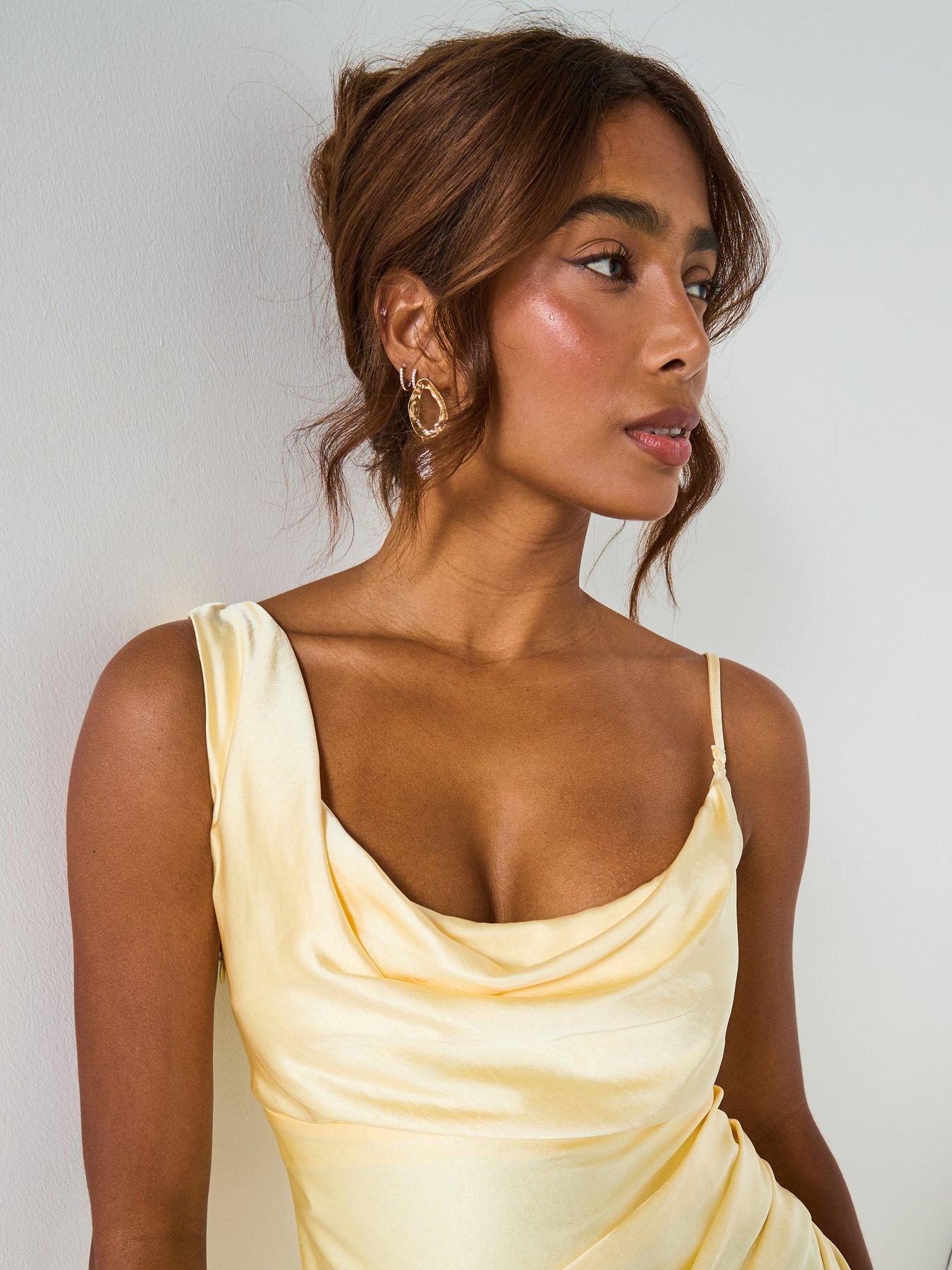 Cowl Front Satin Bridesmaid Dress - Butter Lemon
