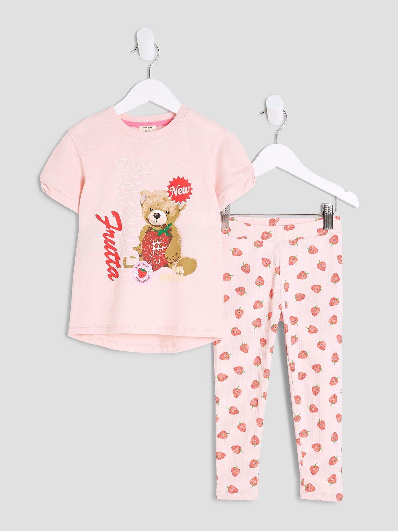 undefined Girls Strawberry Bear Top And Leggings Set - Baby Pink