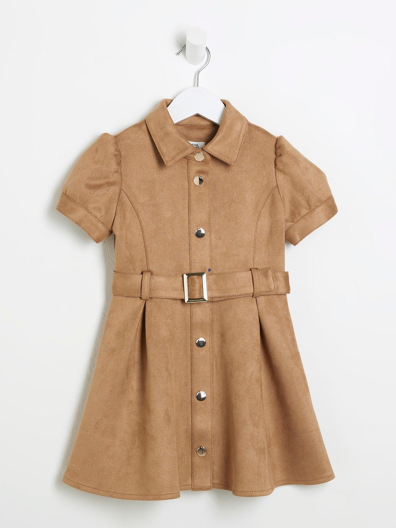 undefined Mini Girls Suedette Faux Belted Dress - Tan