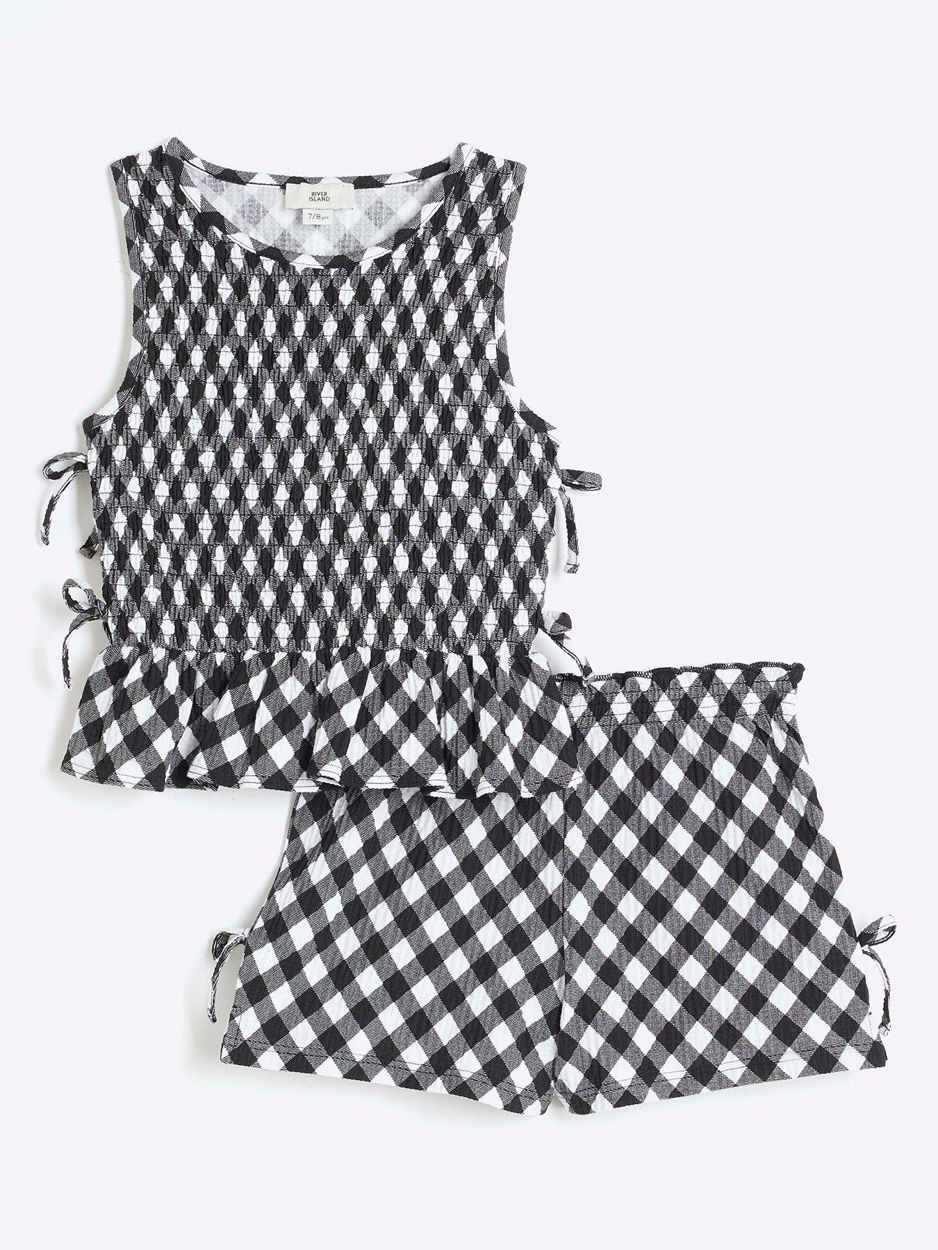 undefined Girls Gingham Shirred Bow Tank Top Set - Black