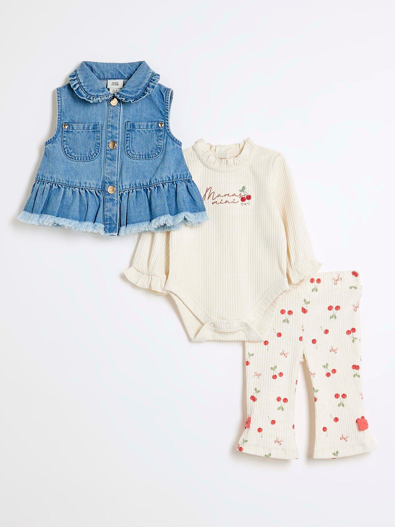 undefined Baby Girls Denim Gilet Cherry Set - Cream