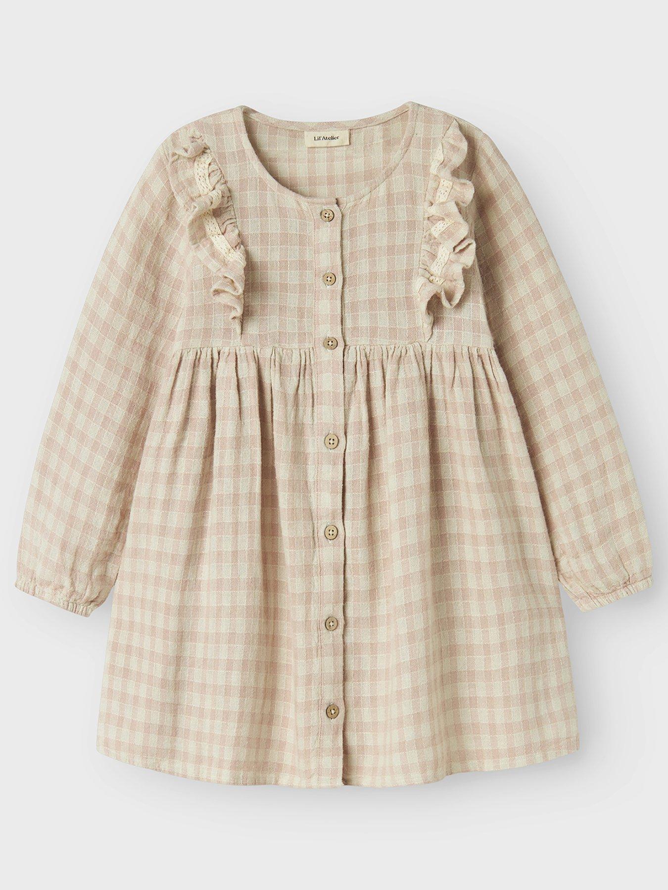 undefined Mini Girls Long Sleeve Gingham Dress - Peach Whip