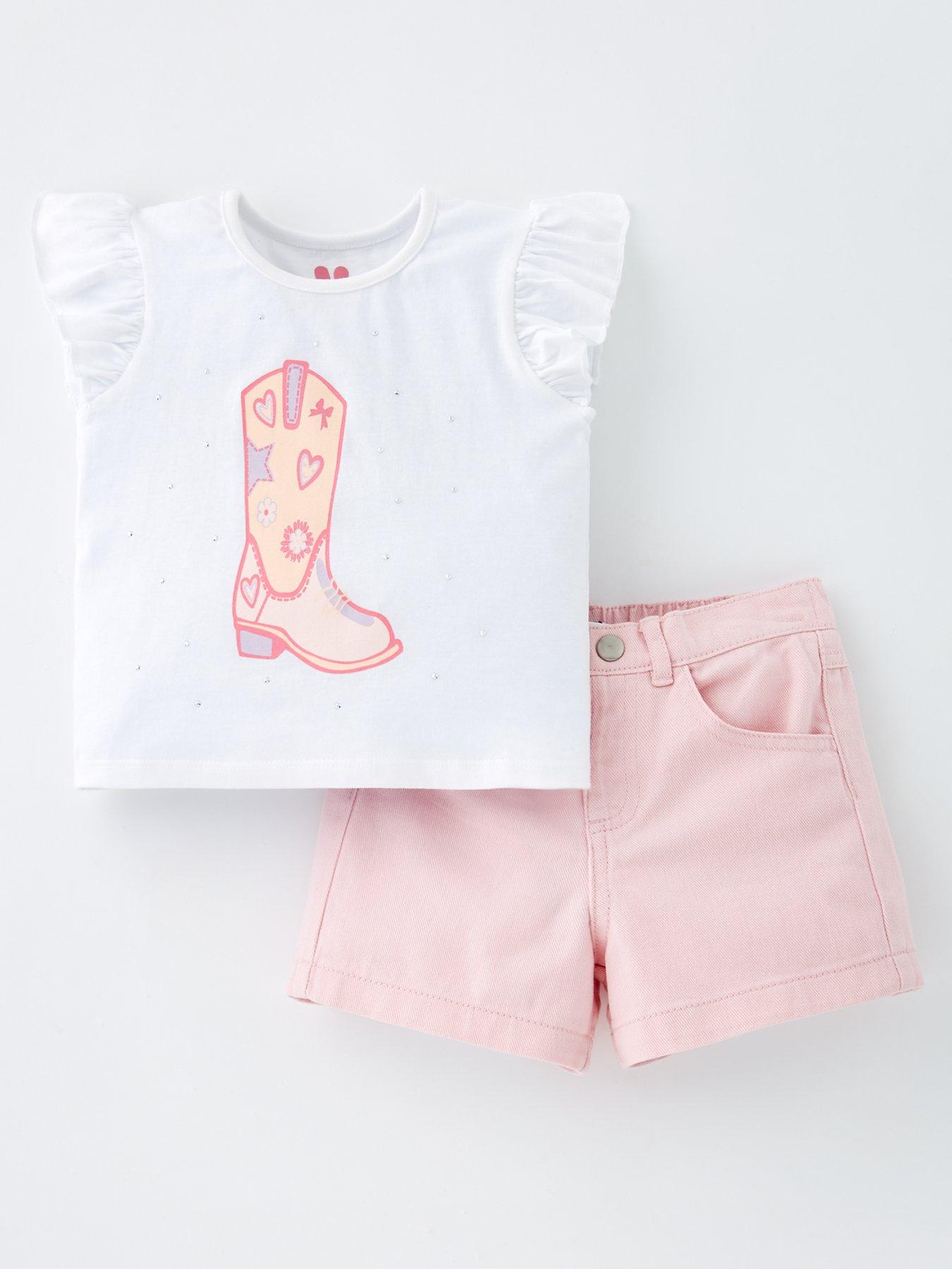 undefined Girls Denim Short and Frill T-Shirt Set - Dusky Pink