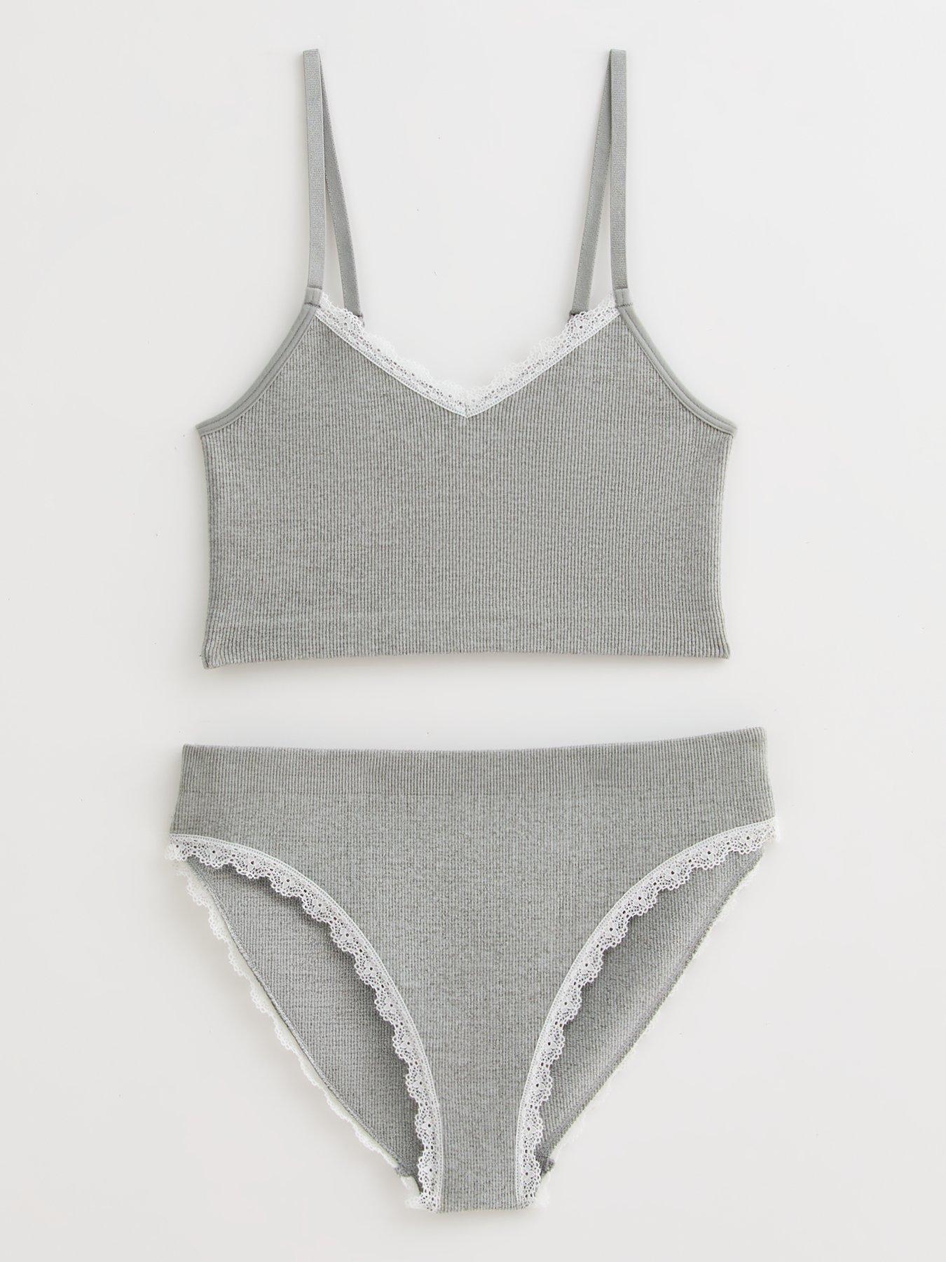 undefined Girls Ribbed Pointelle Trimmed Crop Top And Briefs Set - Grey