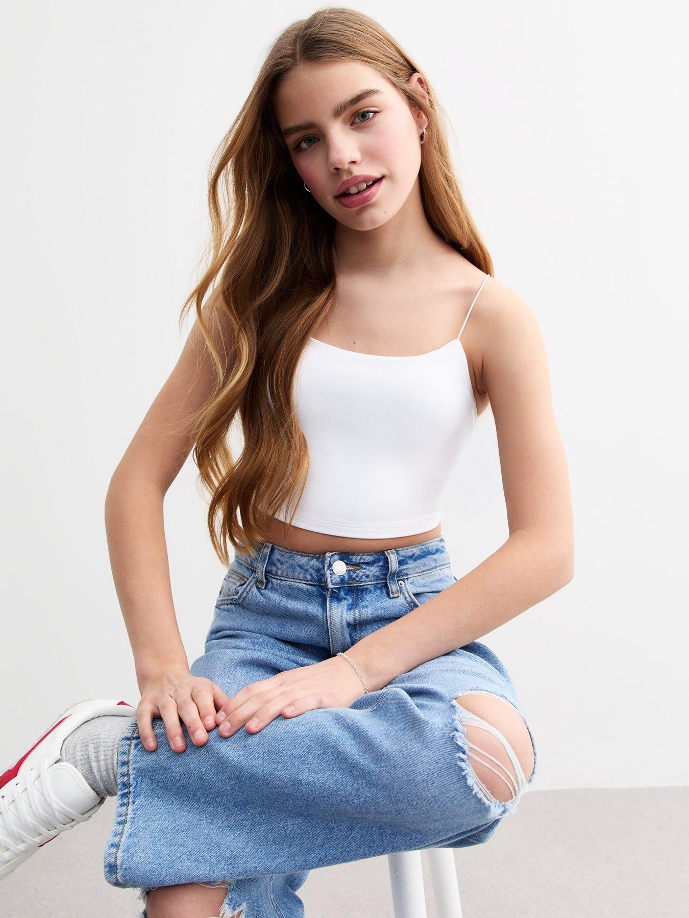 undefined Spaghetti Strap Slinky Cropped Cami - White
