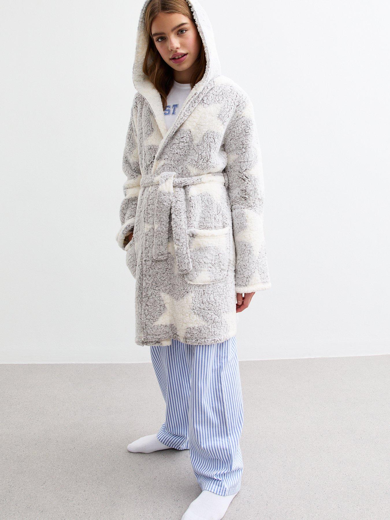 undefined Girls White Star Print Borg Dressing Gown