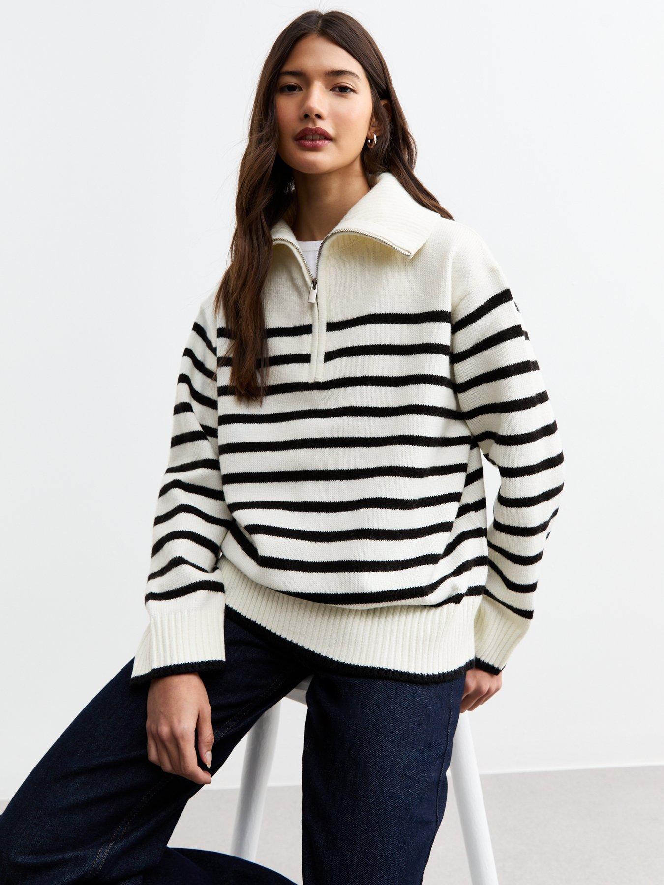 Image 1 of 4 of New Look Striped Half Zip Jumper - White