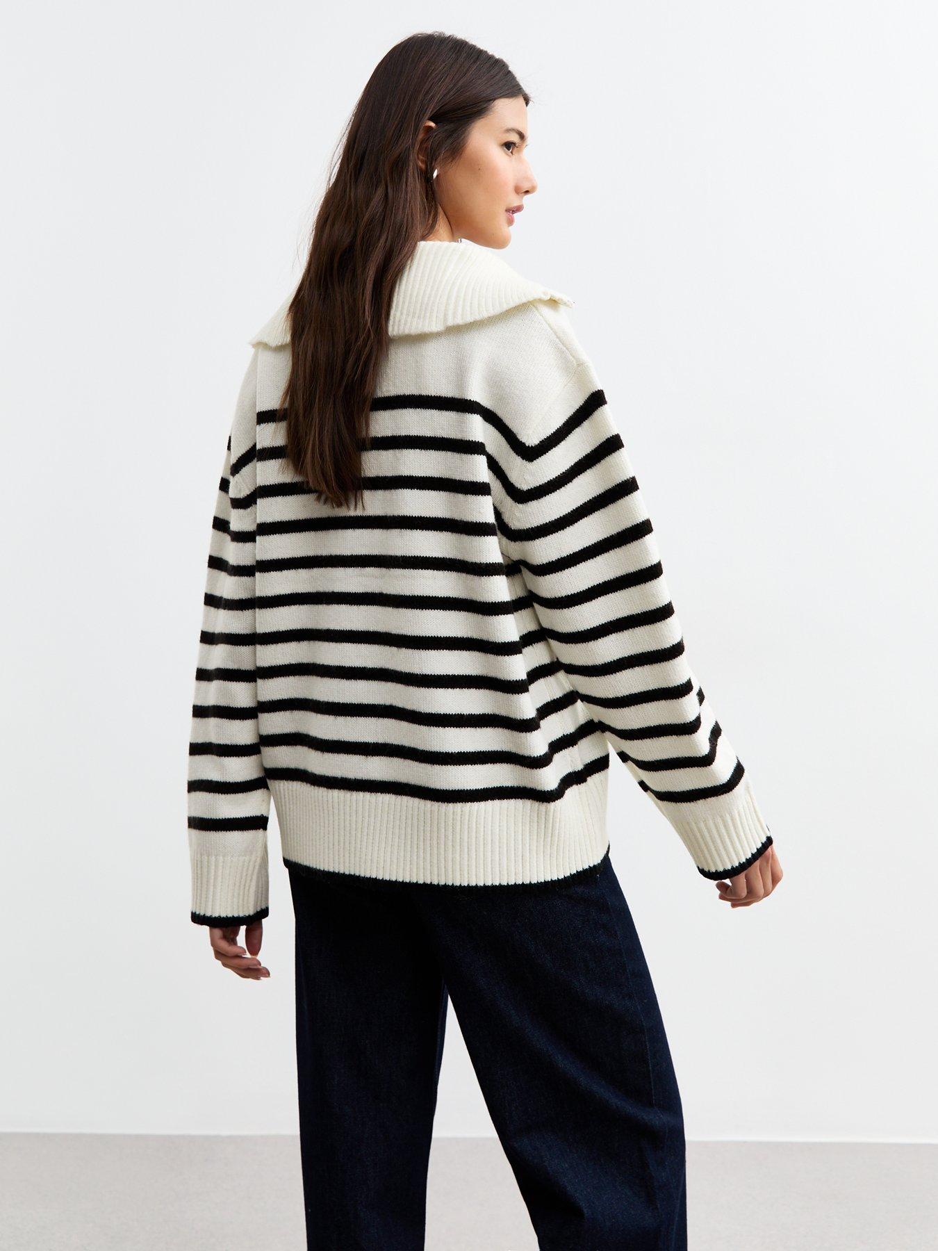 Image 2 of 4 of New Look Striped Half Zip Jumper - White