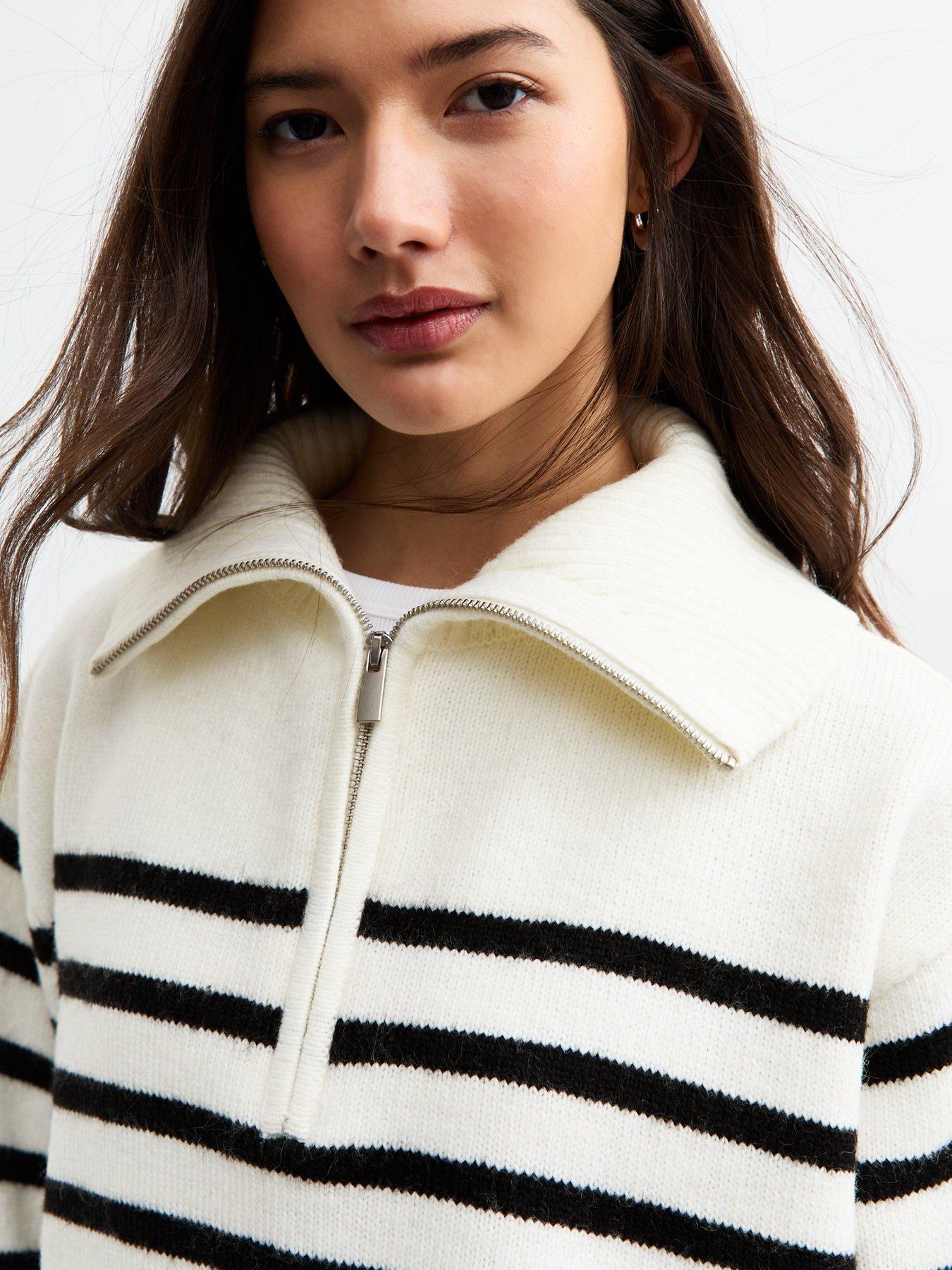 Image 4 of 4 of New Look Striped Half Zip Jumper - White